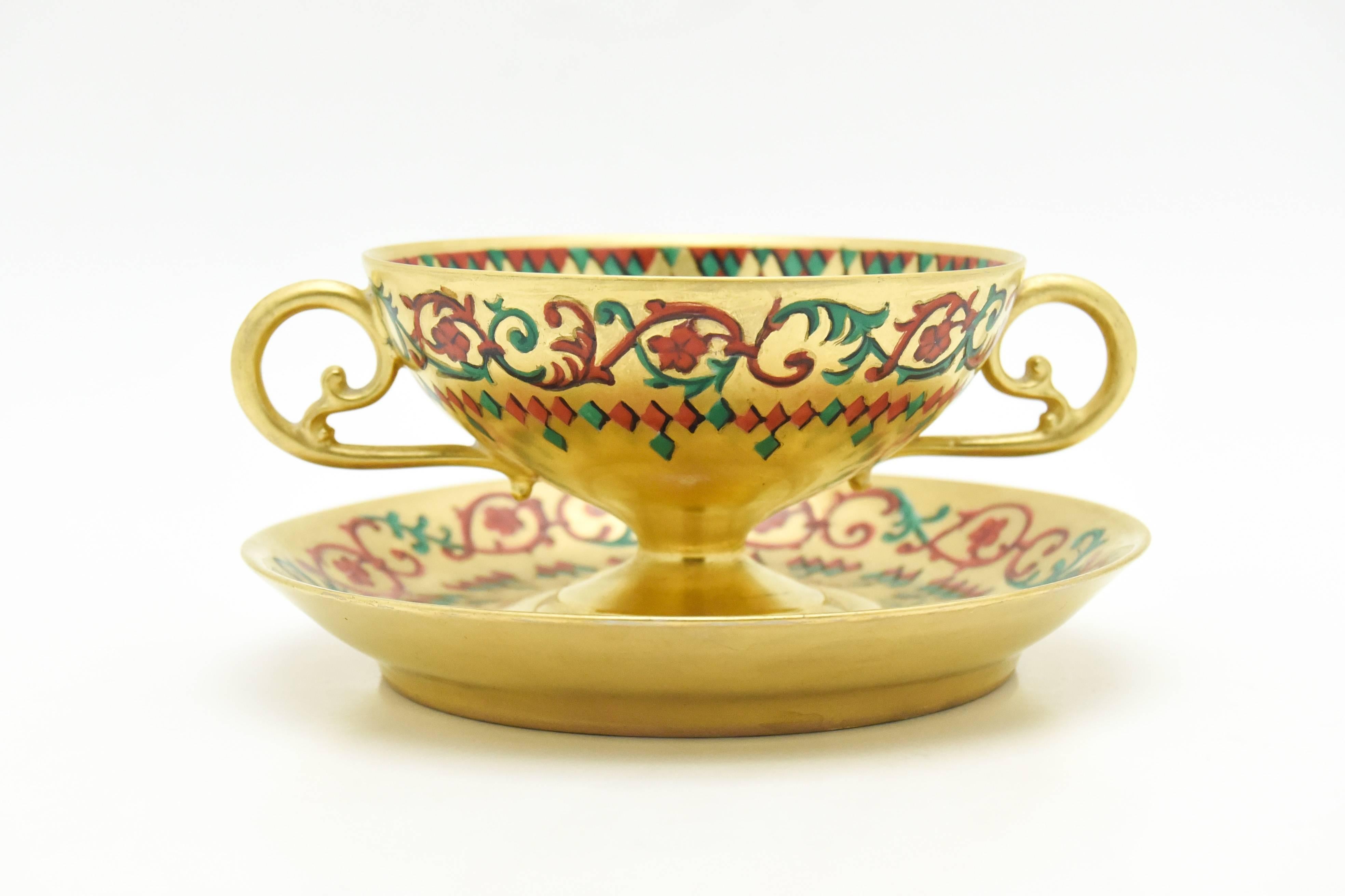 Six French Gold Footed Compotes and Saucers Persian Enameled Decoration, Signed For Sale 1