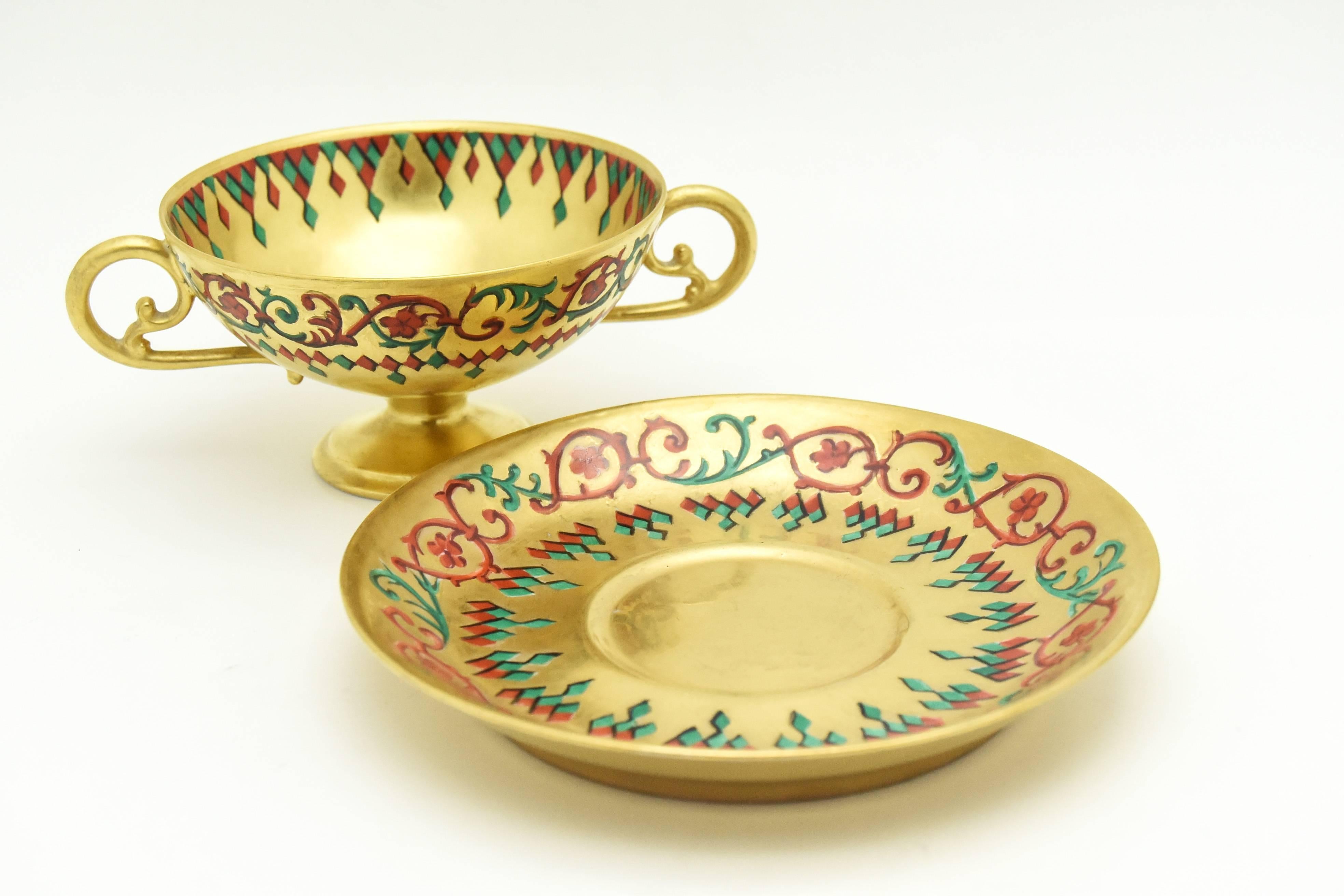 Six French Gold Footed Compotes and Saucers Persian Enameled Decoration, Signed For Sale 2