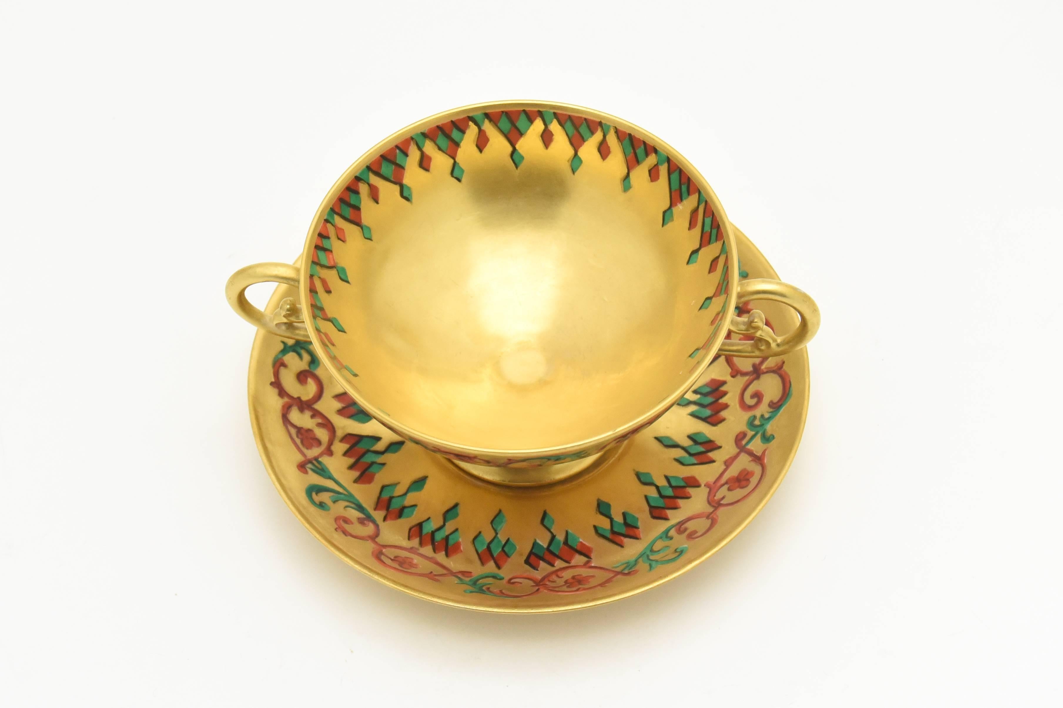 Six French Gold Footed Compotes and Saucers Persian Enameled Decoration, Signed For Sale 3