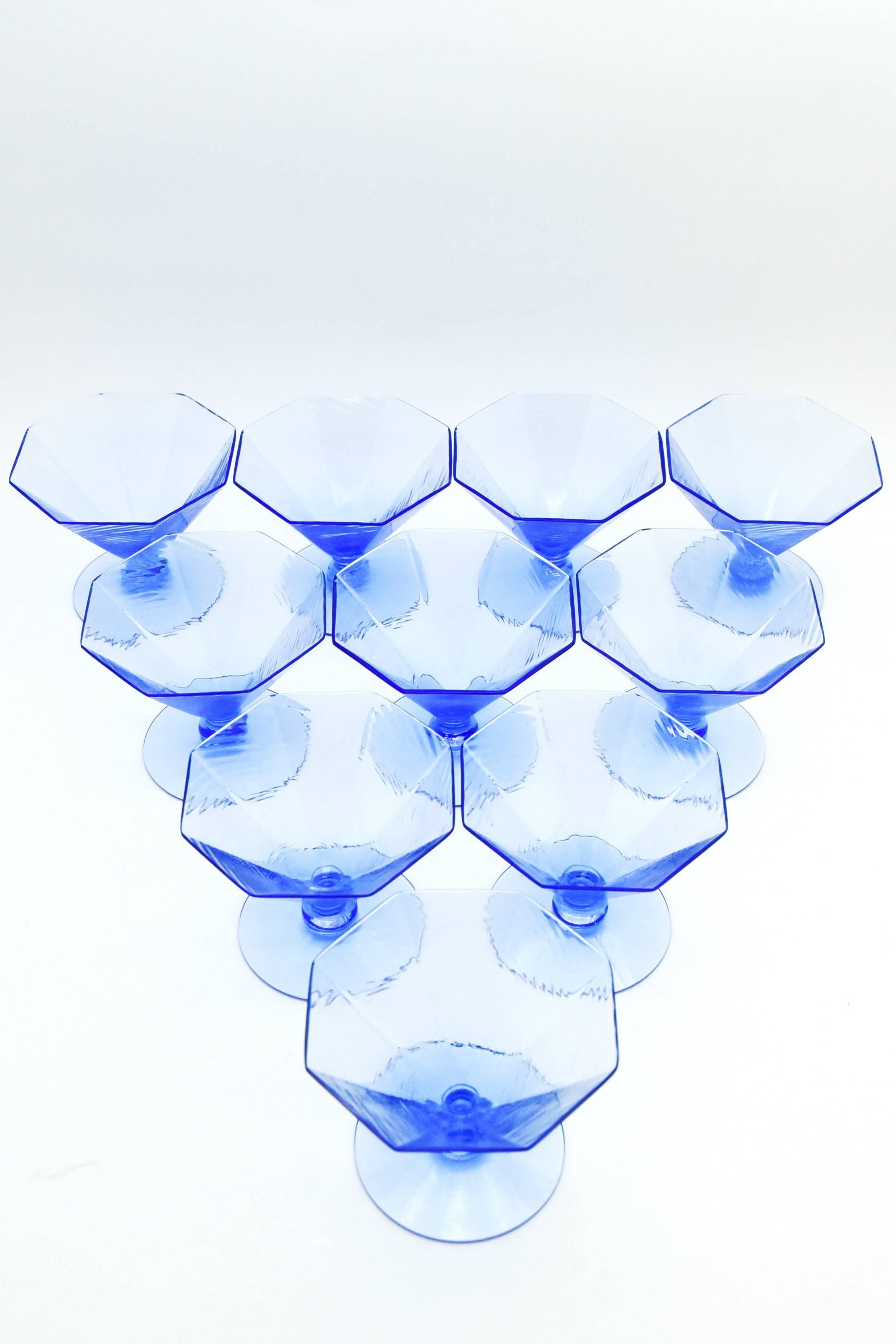 Set of Ten Fry French Blue Art Deco Octagonal Dessert Sherbet Coupes 1