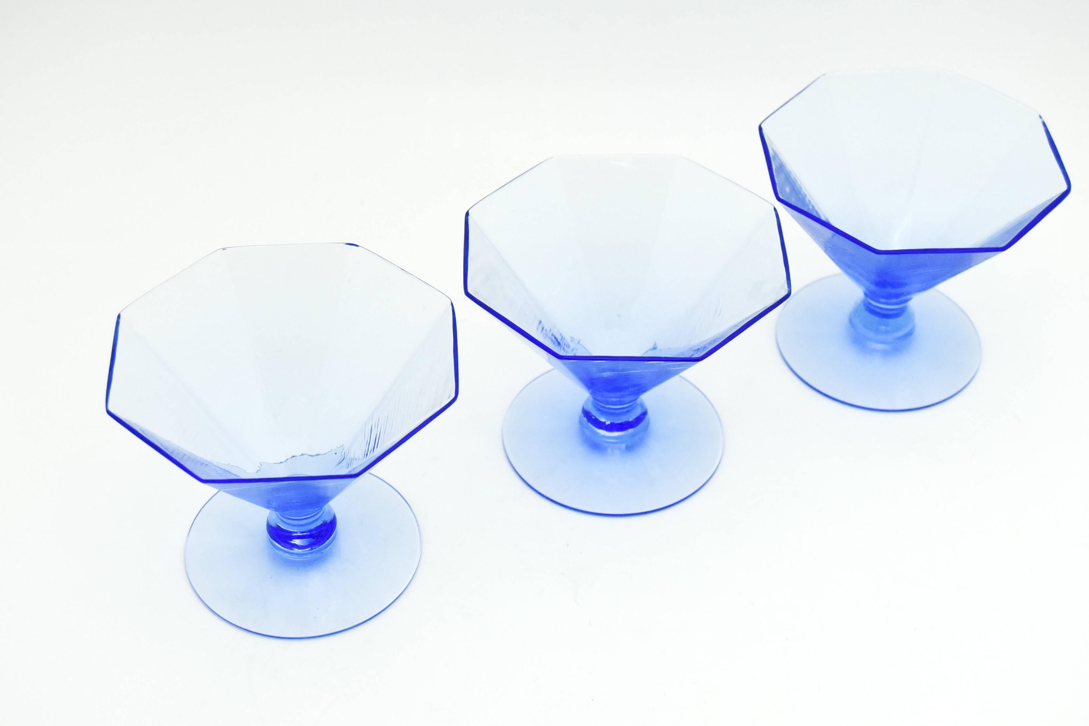 American Set of Ten Fry French Blue Art Deco Octagonal Dessert Sherbet Coupes