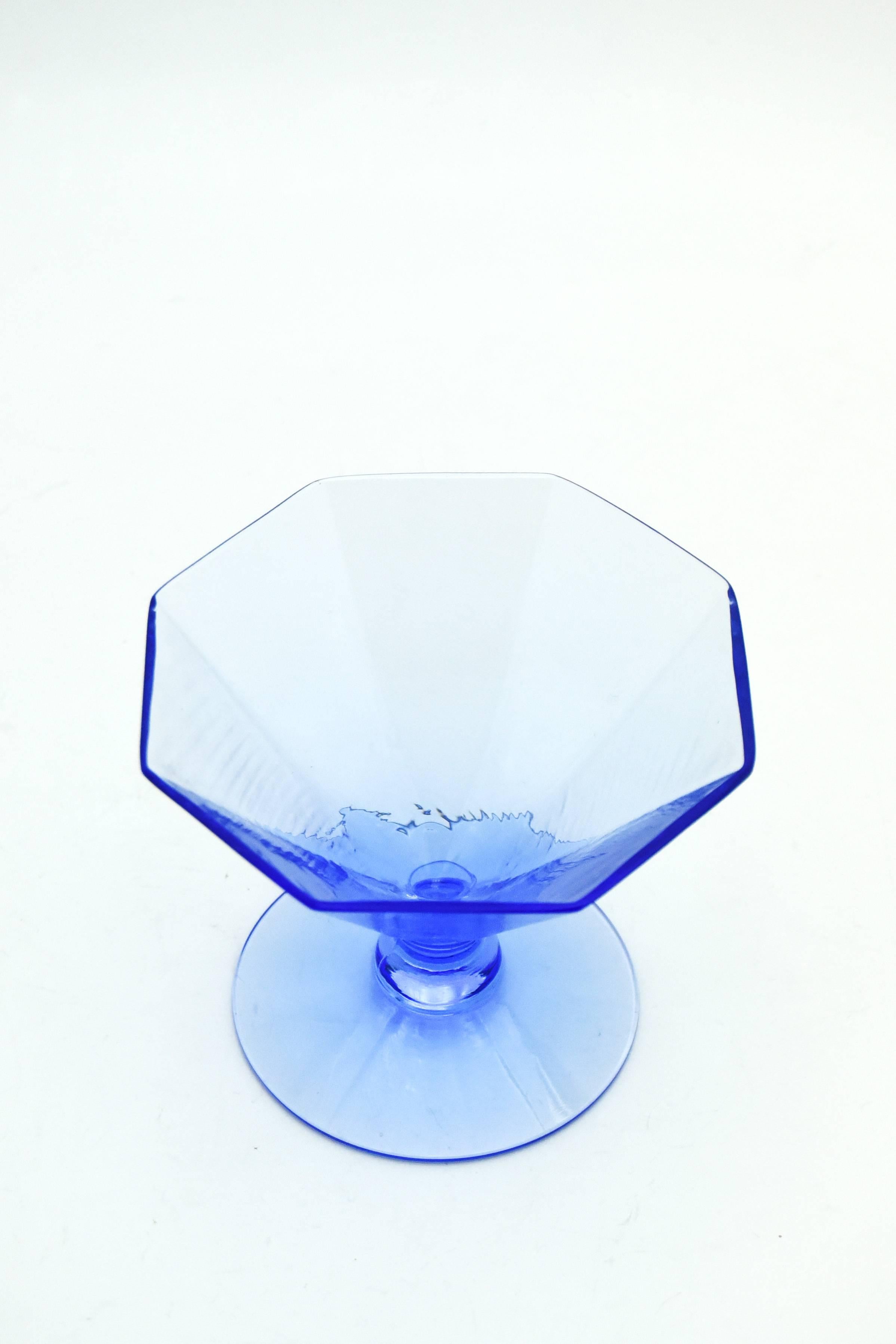 Blown Glass Set of Ten Fry French Blue Art Deco Octagonal Dessert Sherbet Coupes