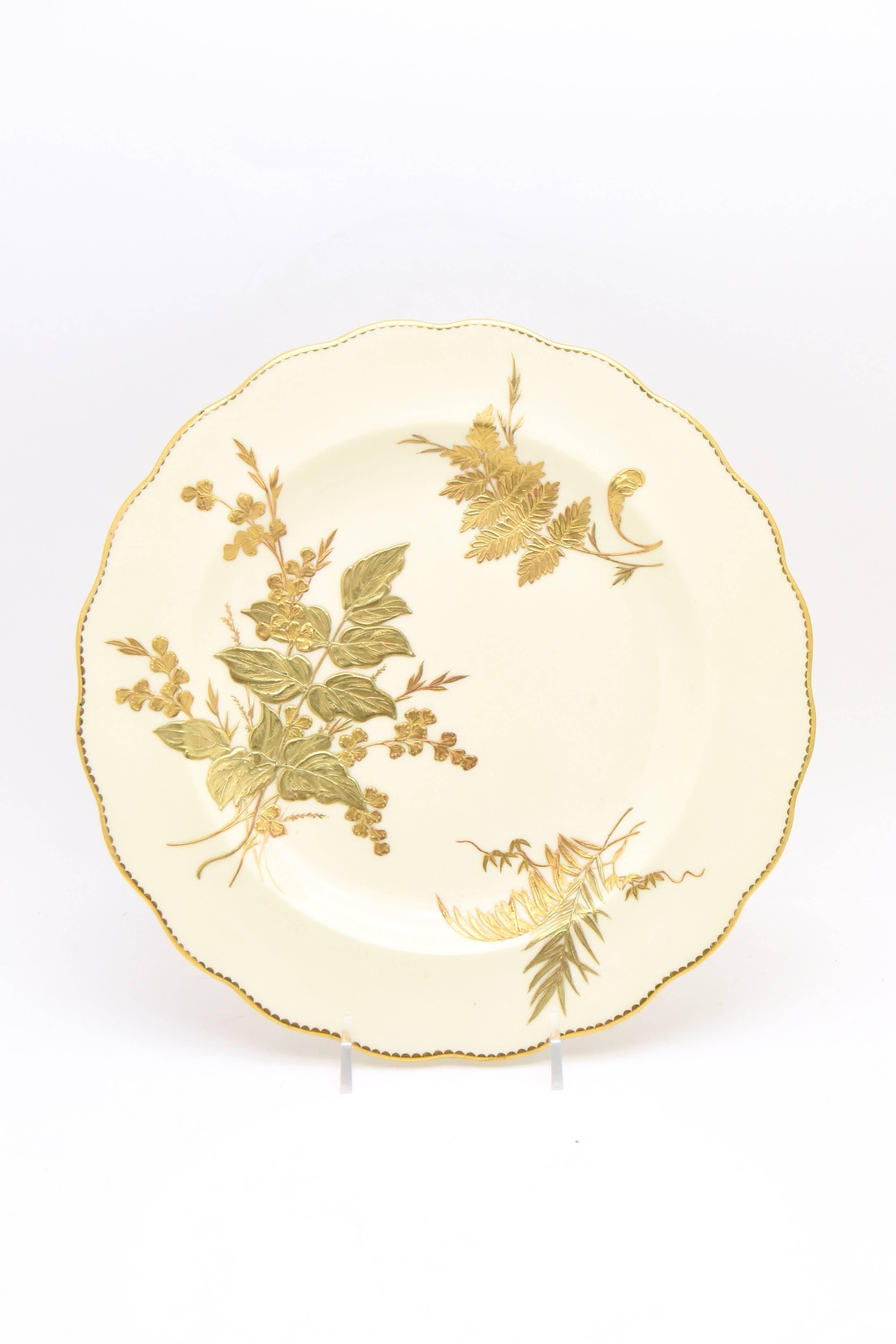 English 12 Tiffany 19th Century Aesthetic Movement Ivory and Raised Gold Fern Plates