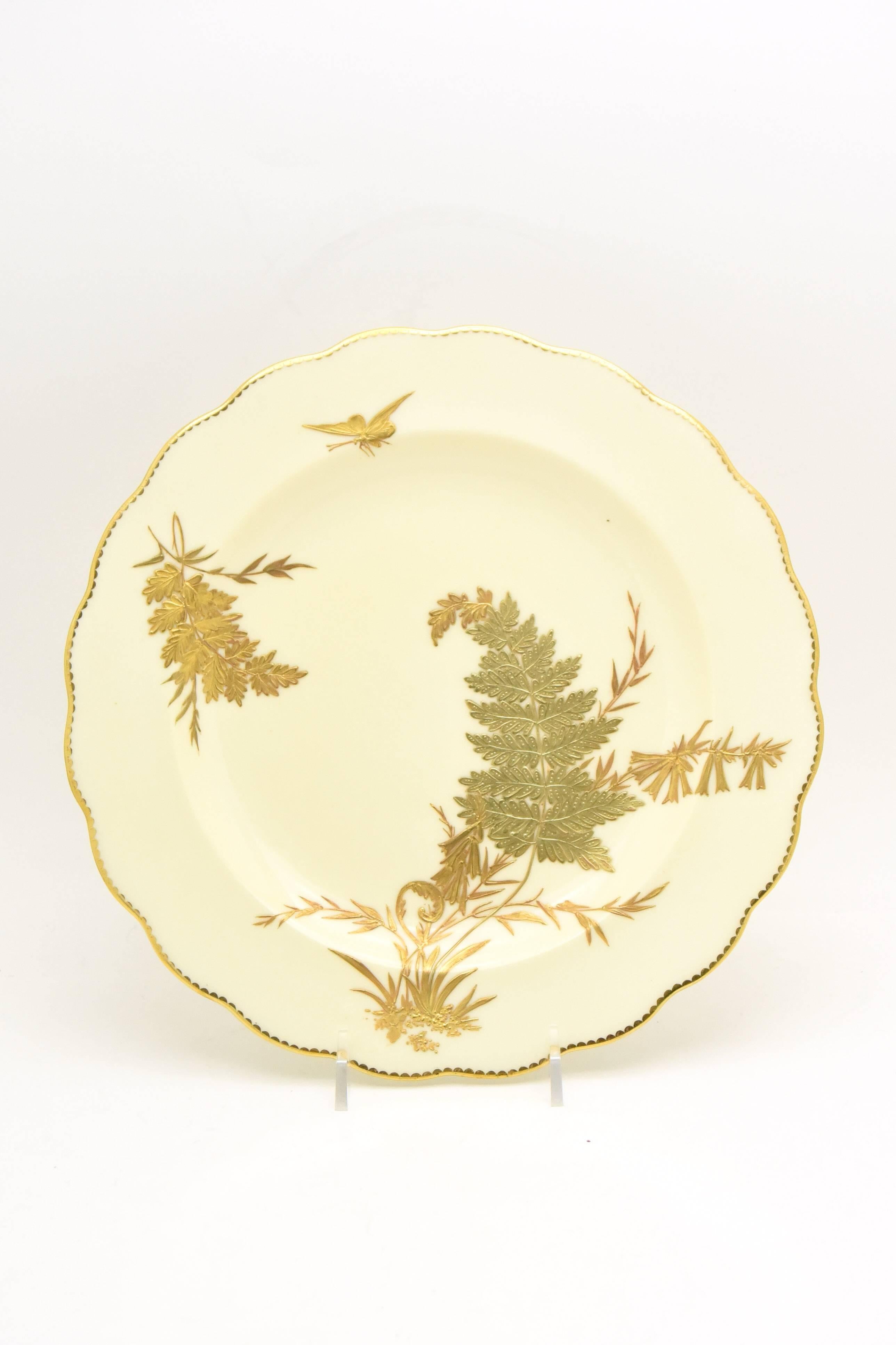 Hand-Painted 12 Tiffany 19th Century Aesthetic Movement Ivory and Raised Gold Fern Plates