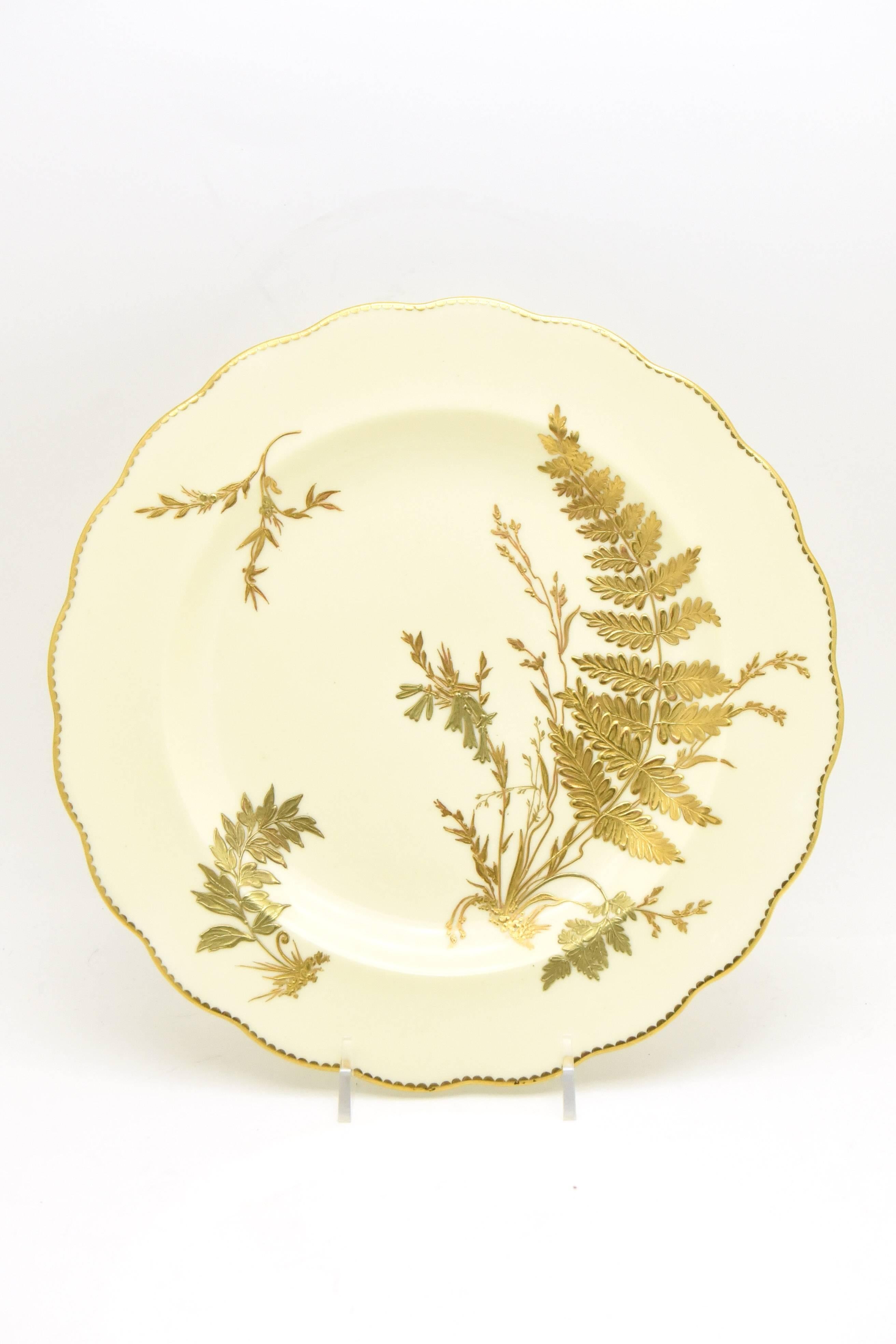 Porcelain 12 Tiffany 19th Century Aesthetic Movement Ivory and Raised Gold Fern Plates