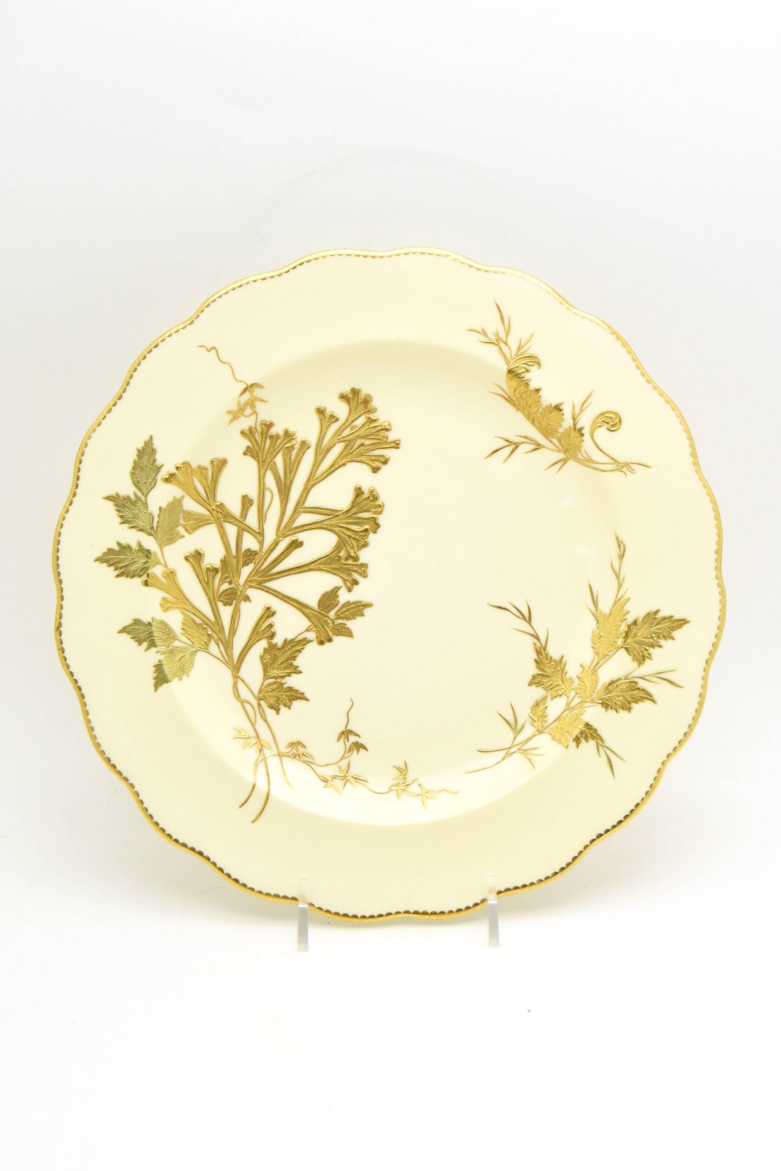 12 Tiffany 19th Century Aesthetic Movement Ivory and Raised Gold Fern Plates 1