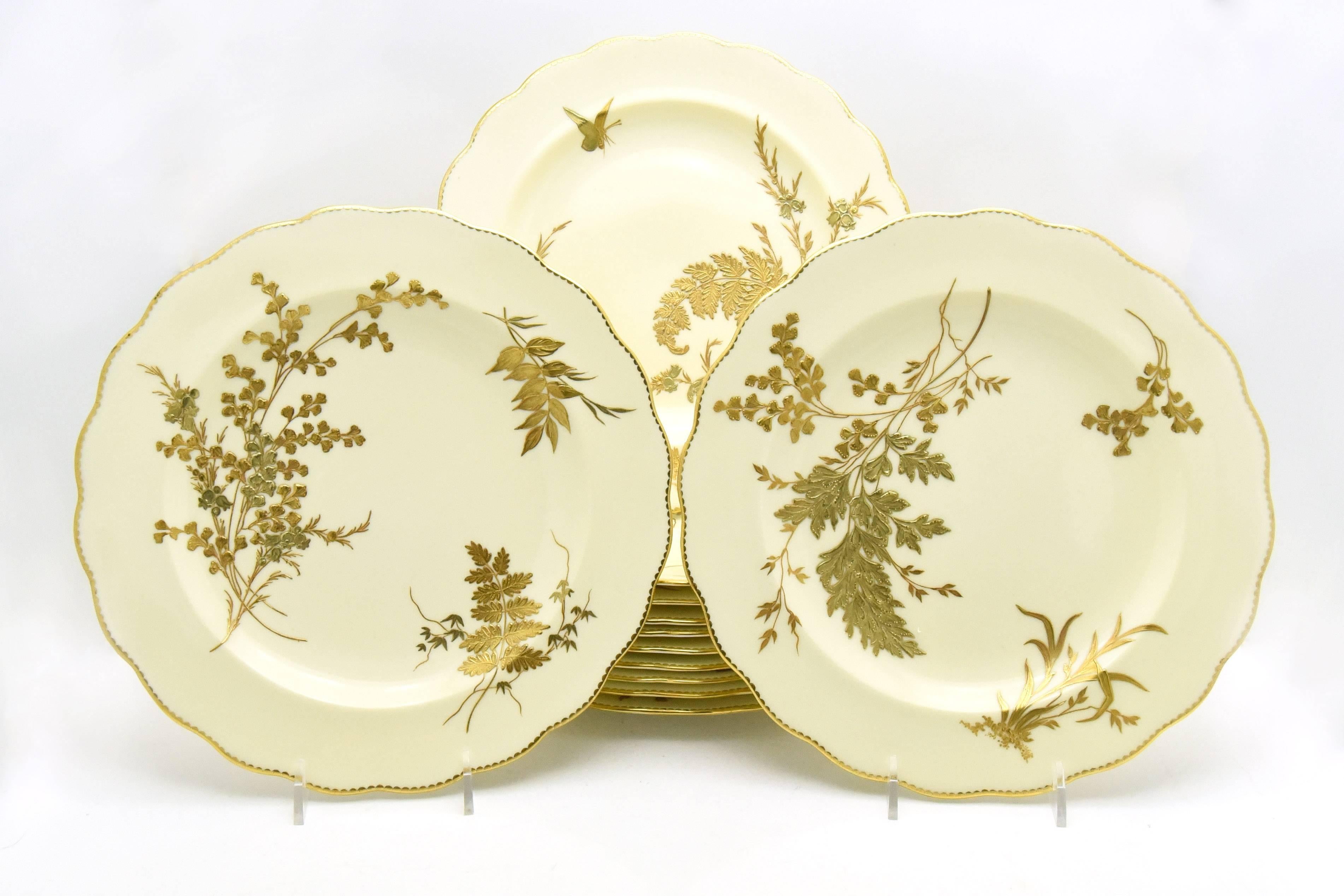 This is a set of 12 extraordinary 19th century aesthetic movement dessert size cabinet plates, made by Brownfield's for Tiffany's, New York. These beautiful works of art speak for themselves in their iconic subject matter. Each one is uniquely
