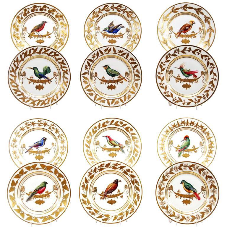 Set of 12 Rouard French Hand-Painted Ornithological Cabinet Plates, after Sevres