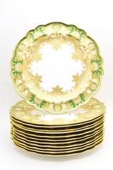 Set of 12 Royal Worcester Green Dinner Plates,  Raised Paste Gold and Shaped Rim