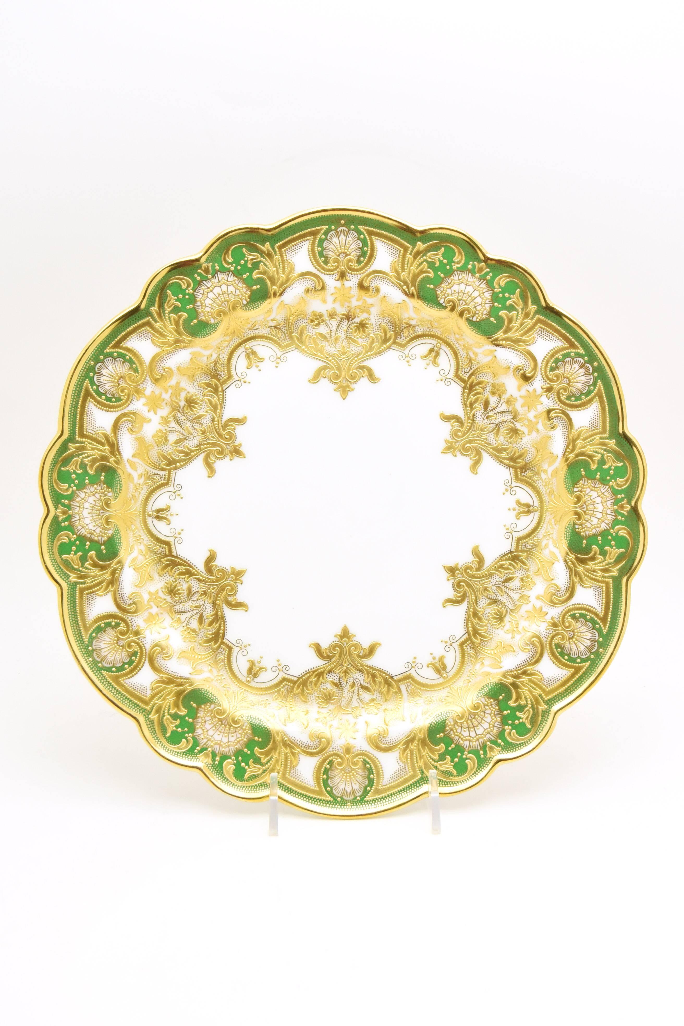 English Set of 12 Royal Worcester Green Dinner Plates,  Raised Paste Gold and Shaped Rim