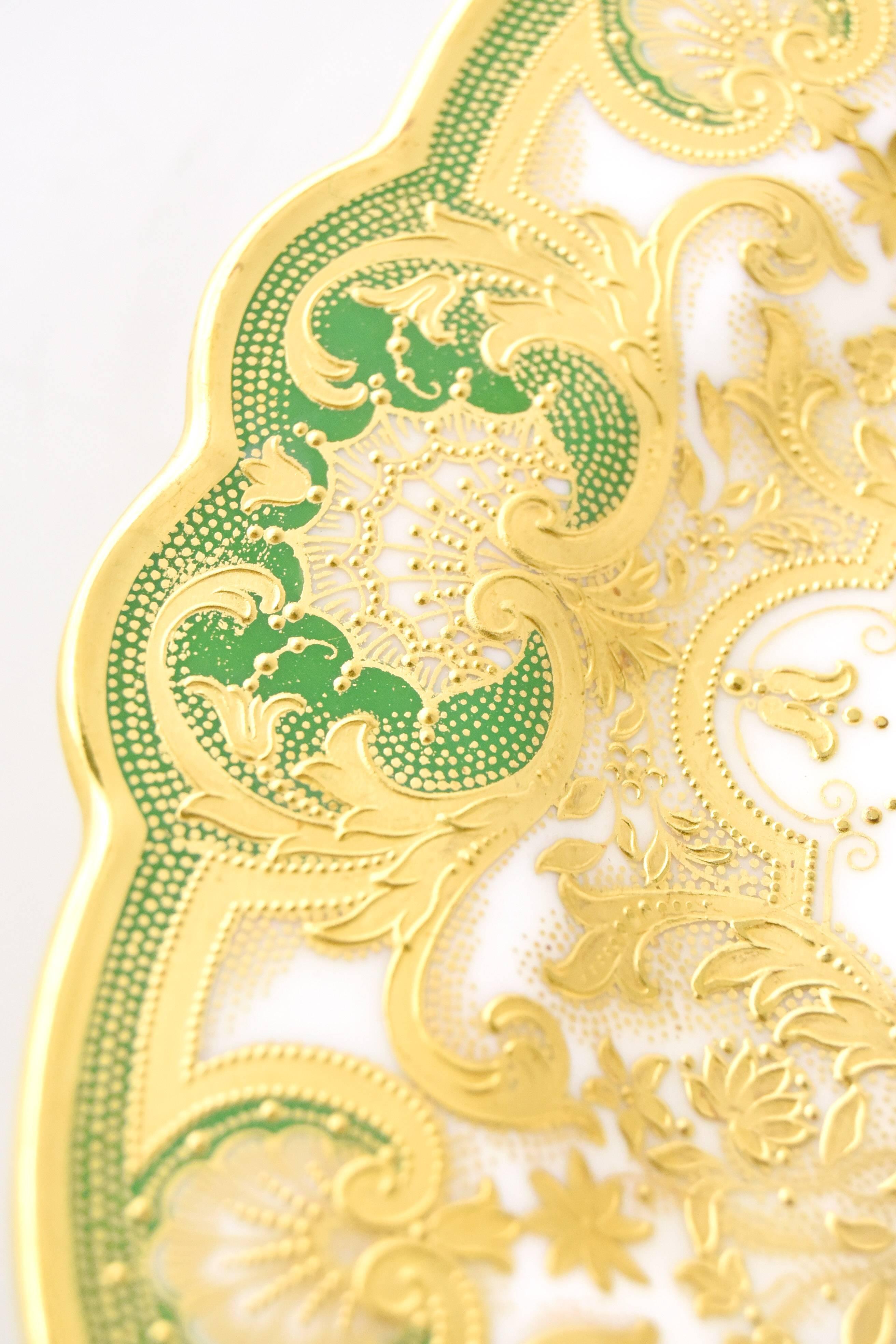 20th Century Set of 12 Royal Worcester Green Dinner Plates,  Raised Paste Gold and Shaped Rim