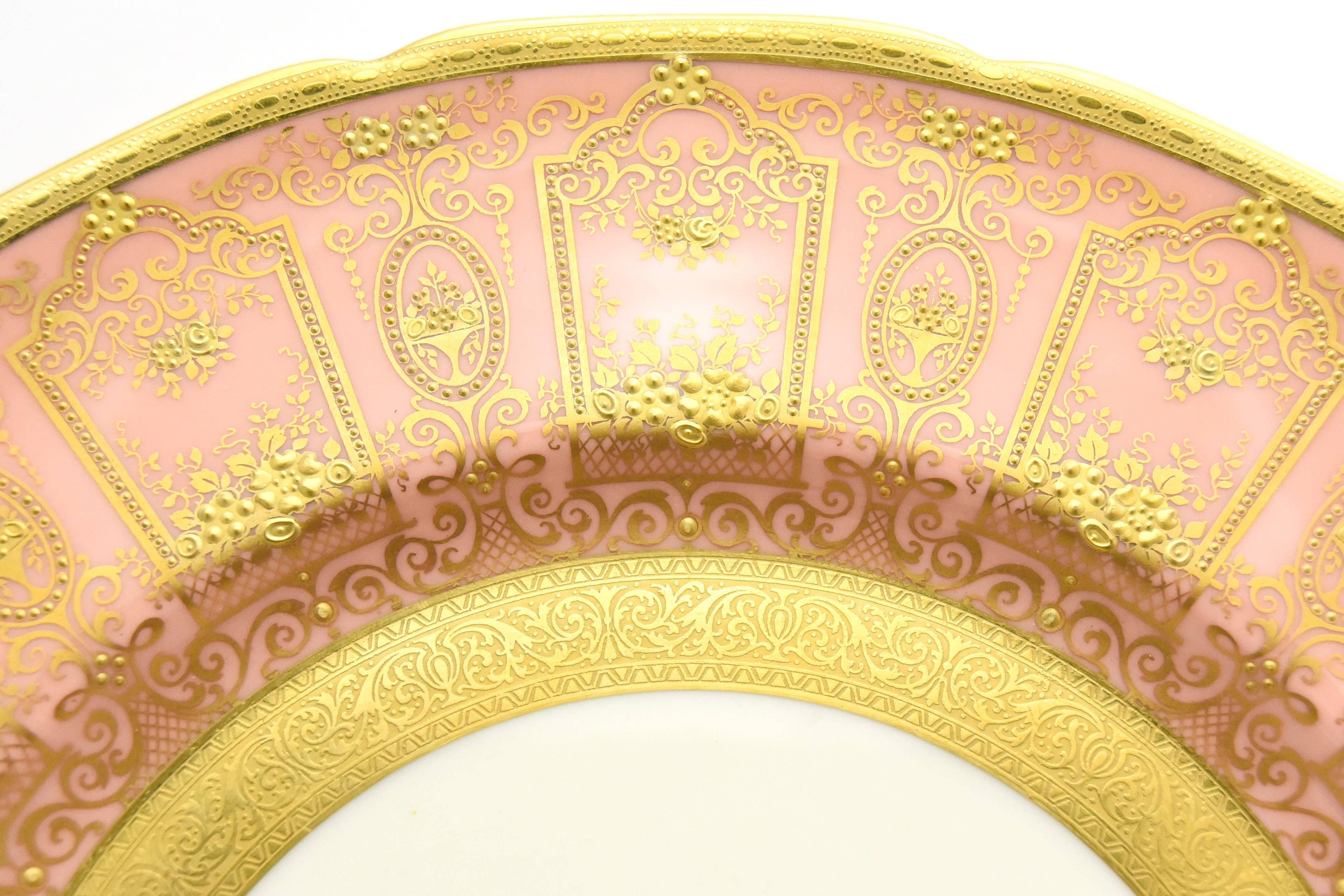 Gilt Set of 12 Pink/Rose Lenox Dinner Plates with Neoclassical Raised Paste Gold 