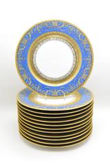 Set of 12 Limoges Periwinkle Blue & Raised Paste Gold Dinner Plates JE Caldwell