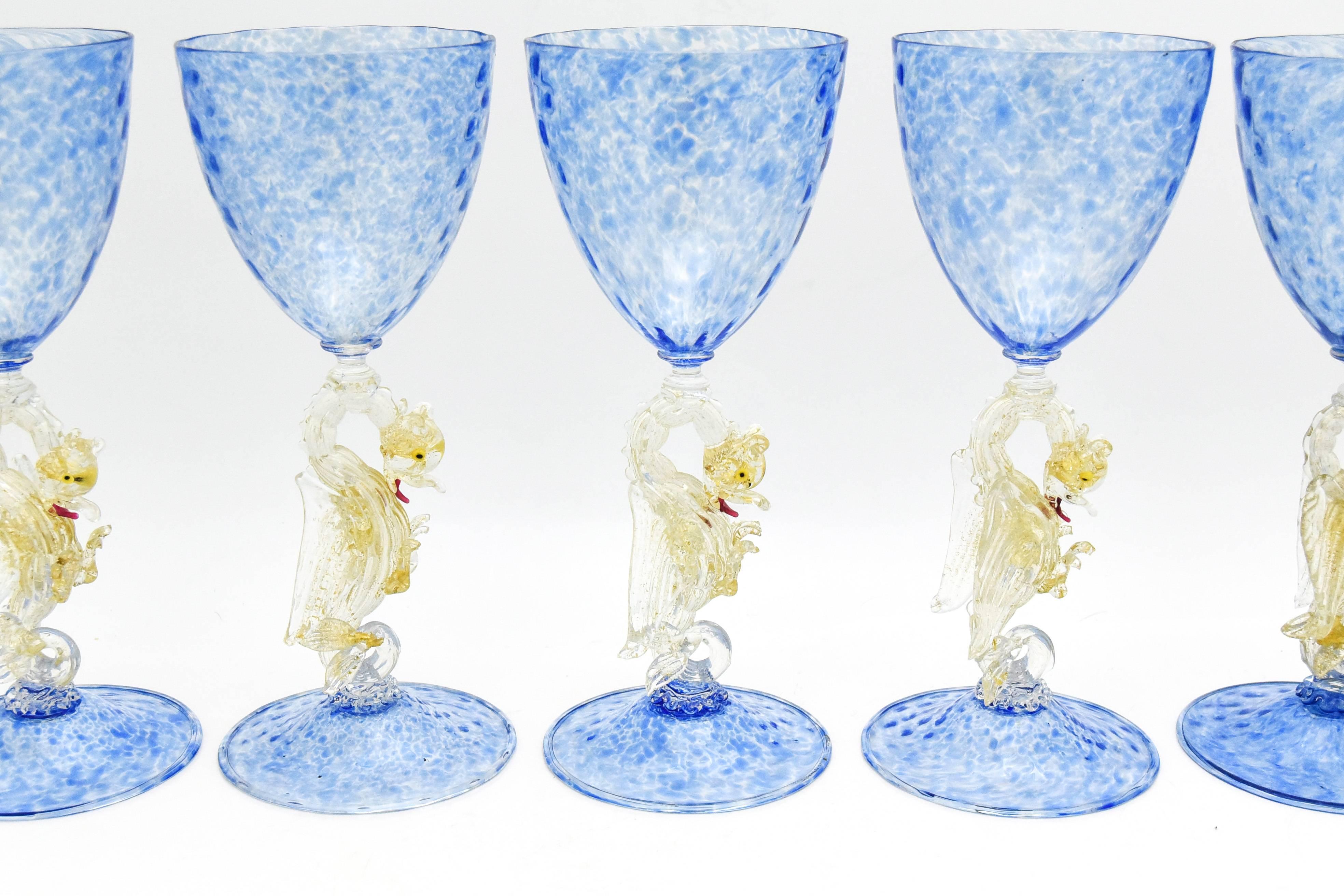 Hand-Crafted Set of Eight Salviati Hand Blown Blue Venetian Murano Goblets with Dragons