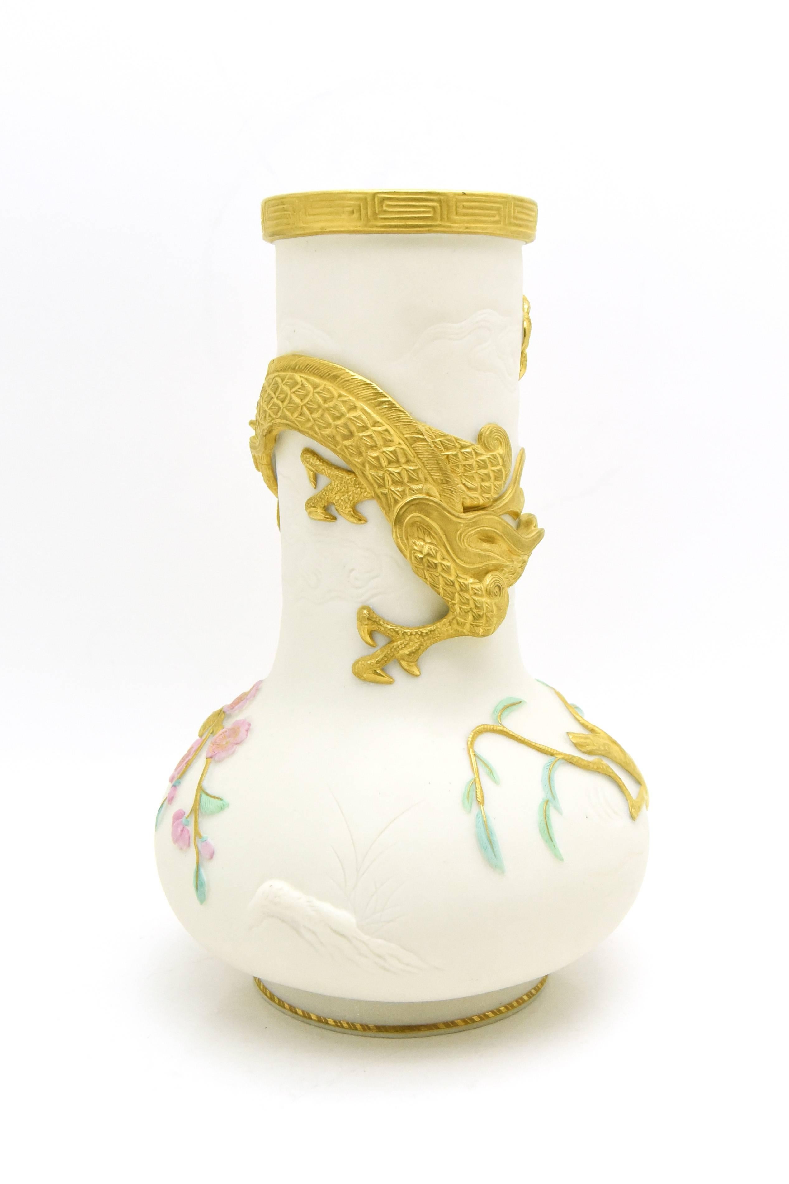 Aesthetic Movement Pair of Copeland Japonesque Vases with Gold Dragons, Birds & Cherry Blossoms