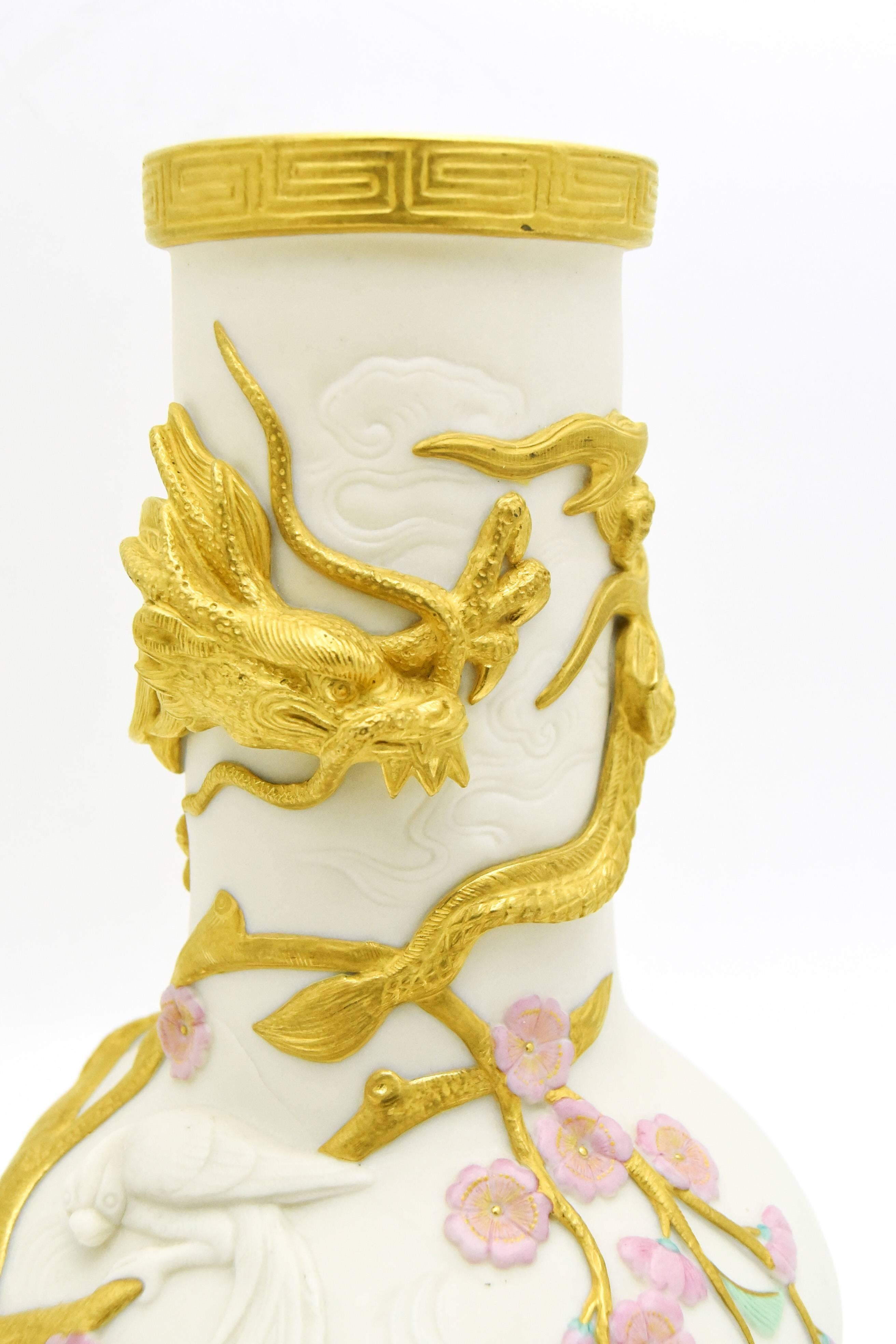 Porcelain Pair of Copeland Japonesque Vases with Gold Dragons, Birds & Cherry Blossoms