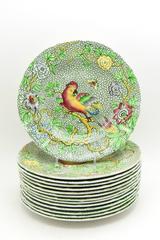 Set of 14 Copeland Late Spode Aesthetic Movement Green Parrot Dessert Plates