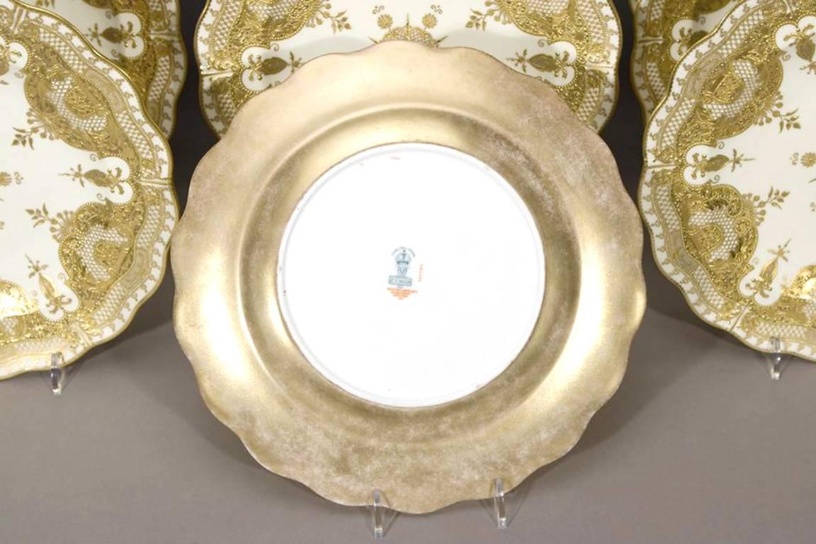 12 Royal Crown Derby Service Plates with Two-Color Raised Paste Gold For Sale 1