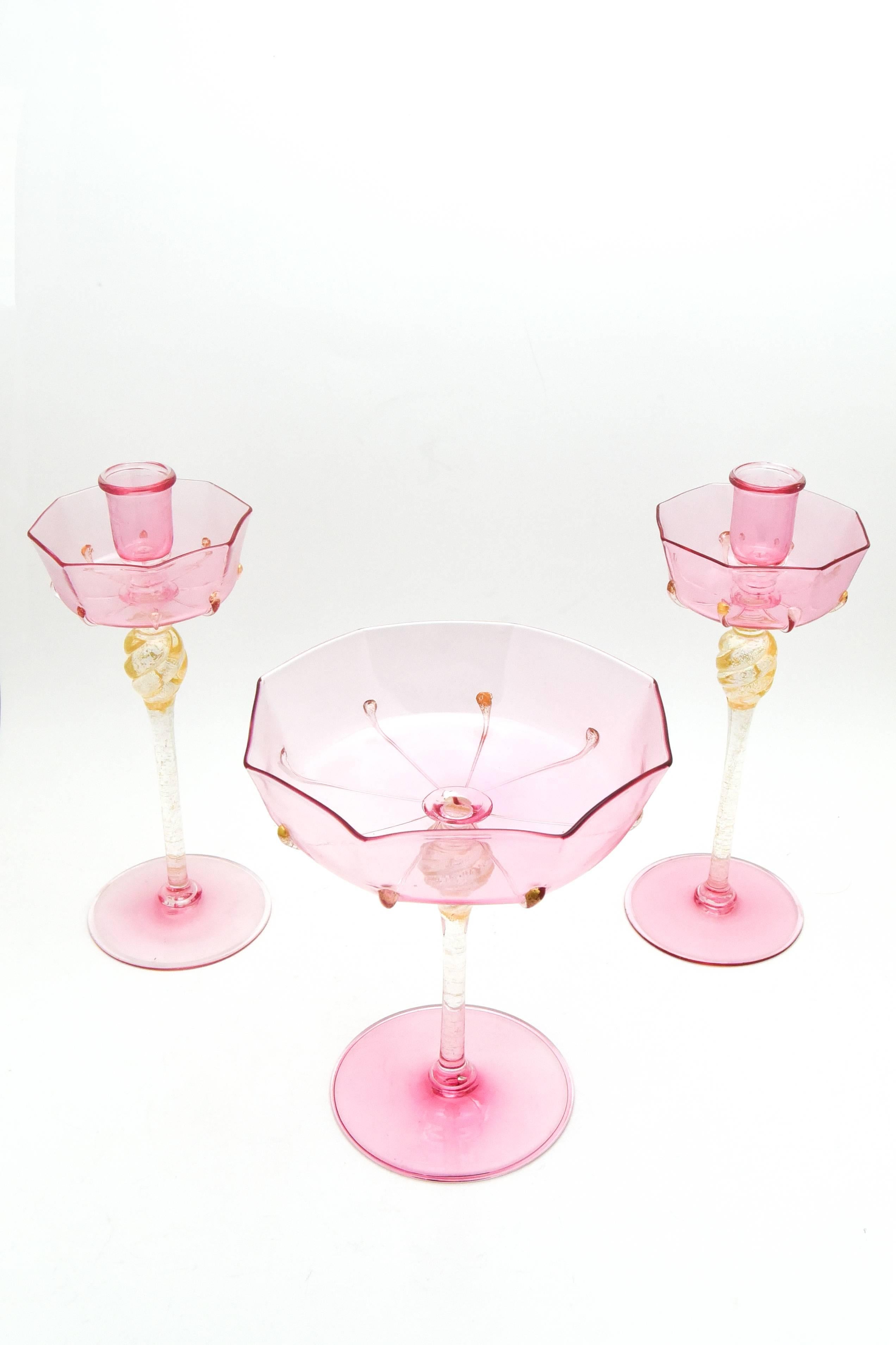 Italian Salviati Venetian Complete Table Service for 12 Handblown Pink and Gold Goblets