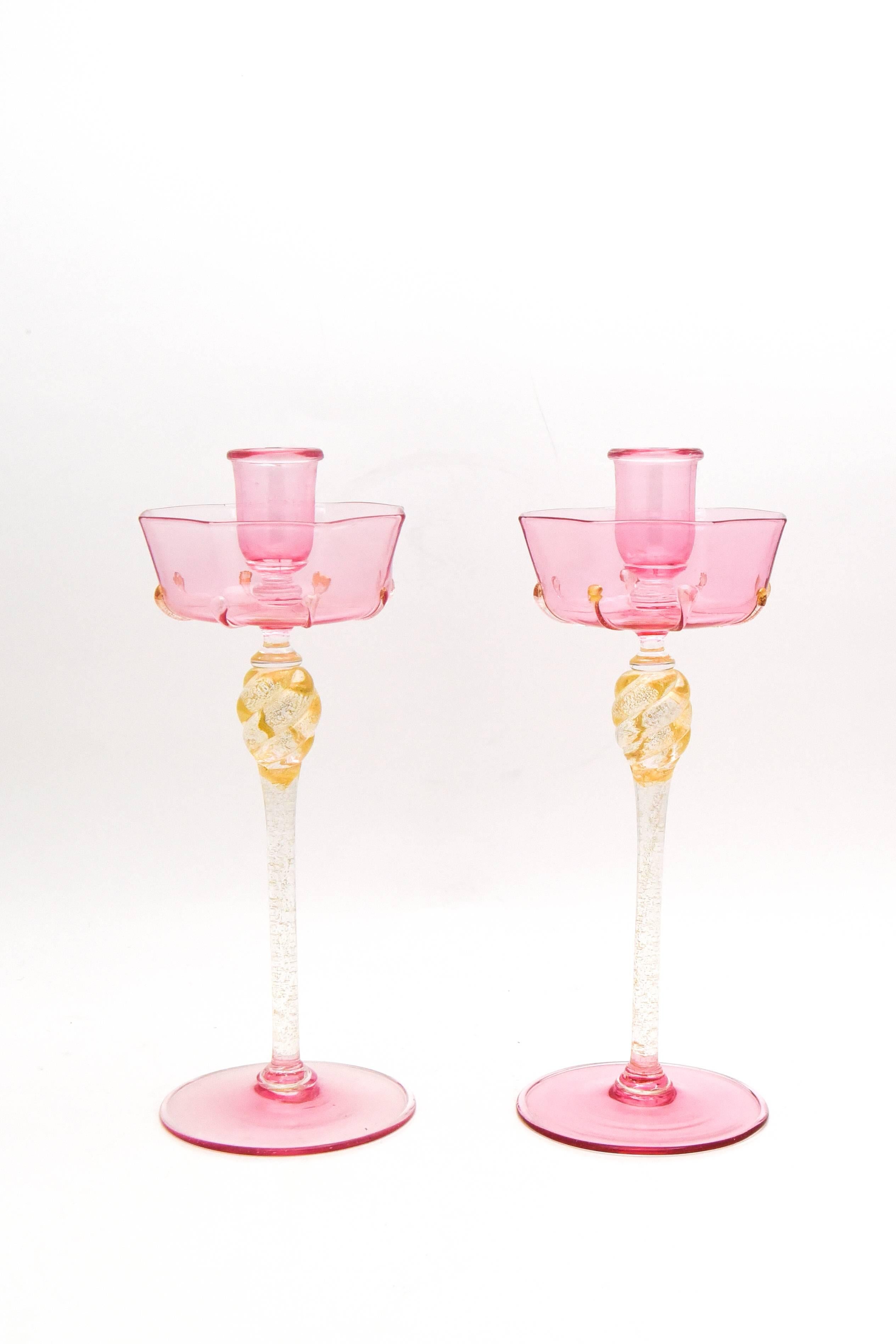 Salviati Venetian Complete Table Service for 12 Handblown Pink and Gold Goblets In Excellent Condition In Great Barrington, MA