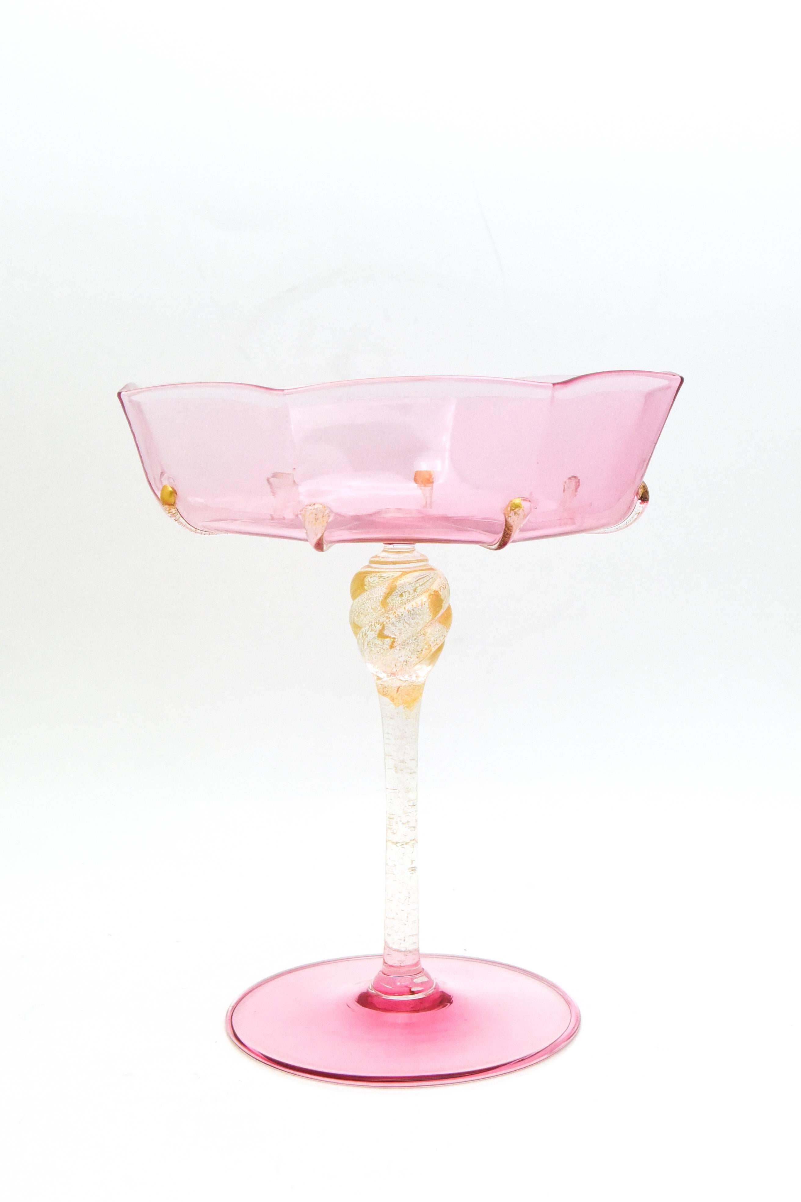 Glass Salviati Venetian Complete Table Service for 12 Handblown Pink and Gold Goblets