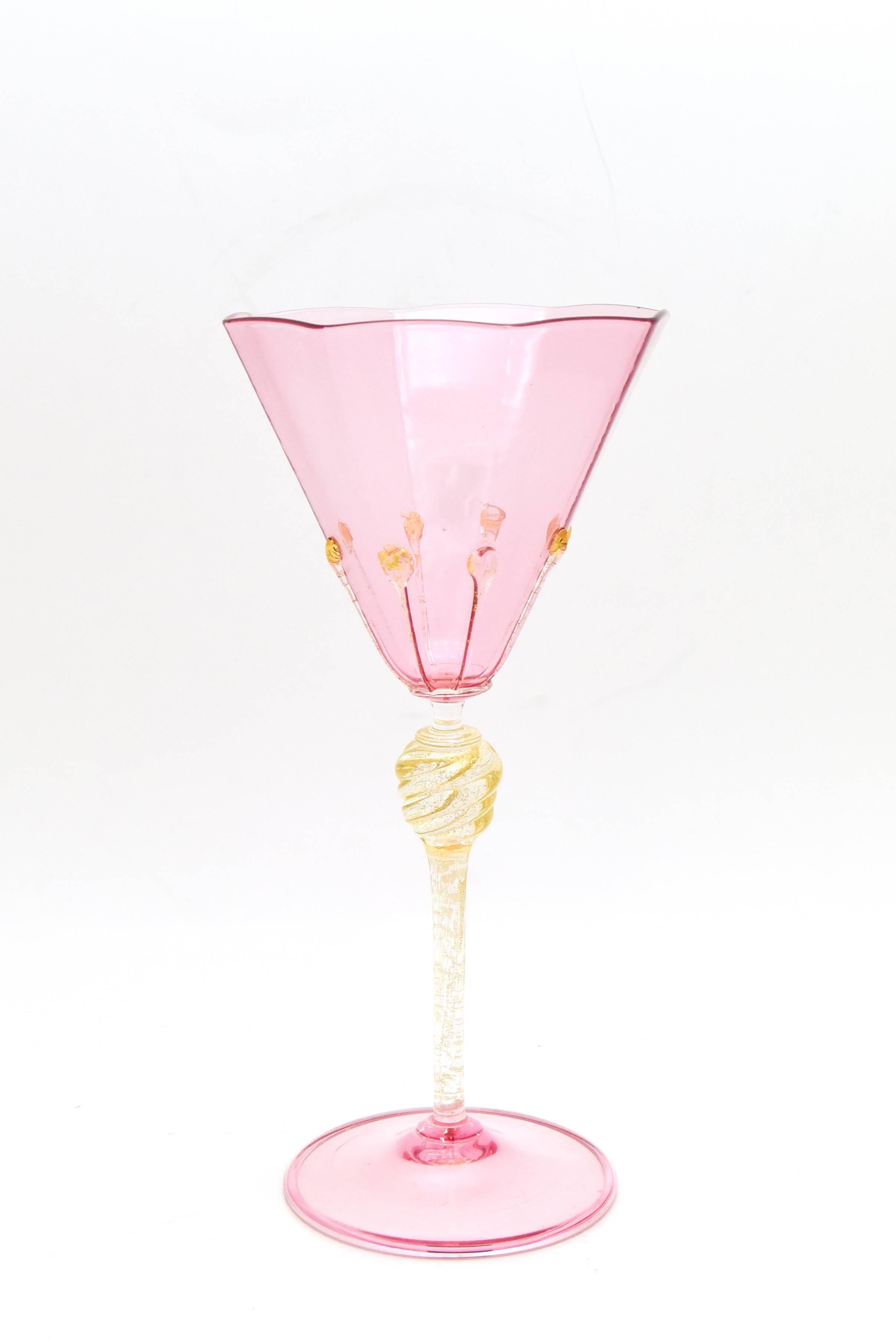 Salviati Venetian Complete Table Service for 12 Handblown Pink and Gold Goblets 3