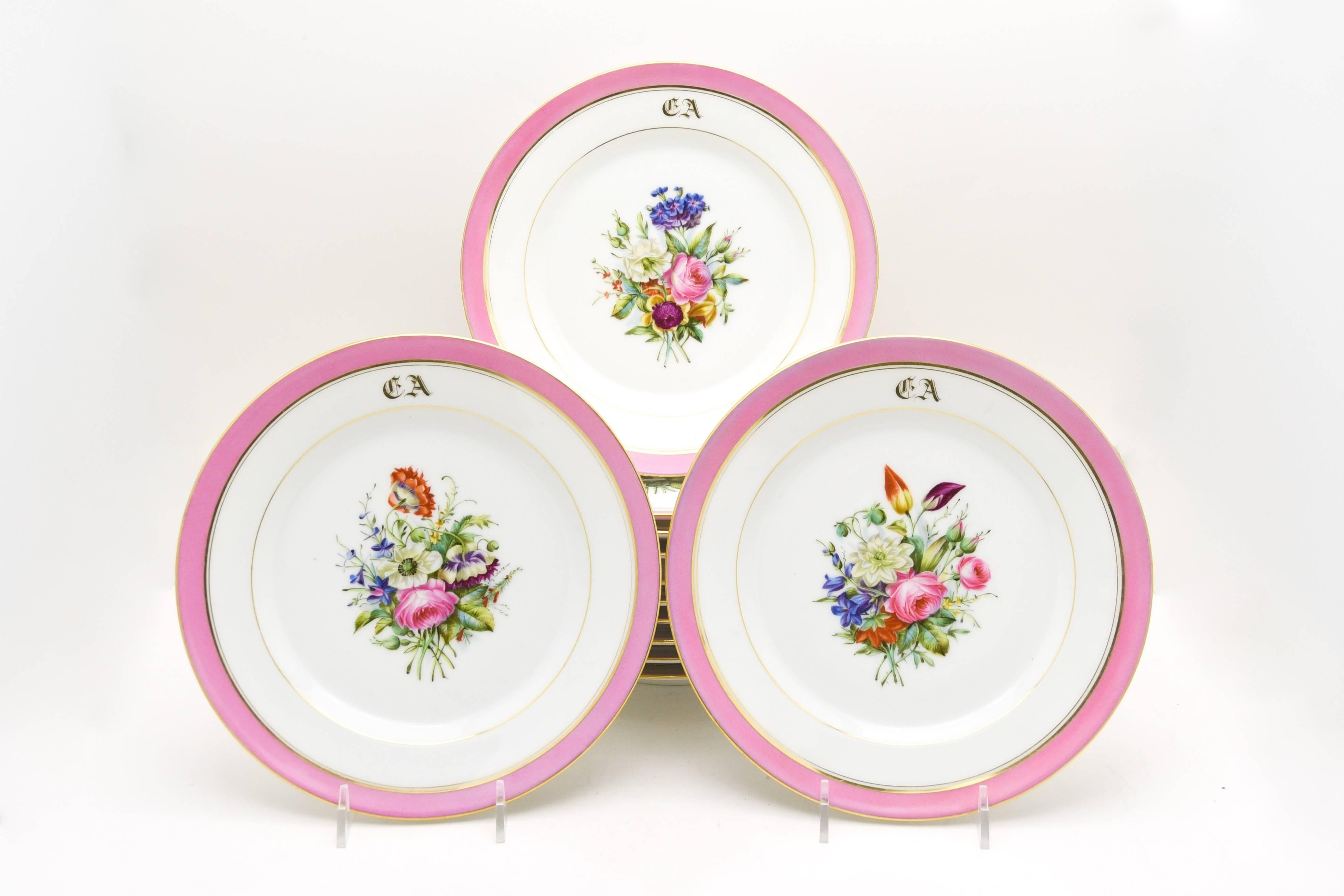 This gorgeous 19th century French dessert set features botanical central decoration, each uniquely hand-painted with a different bouquet of mixed flowers. The composition is detailed and the combination of colors and species creates light and