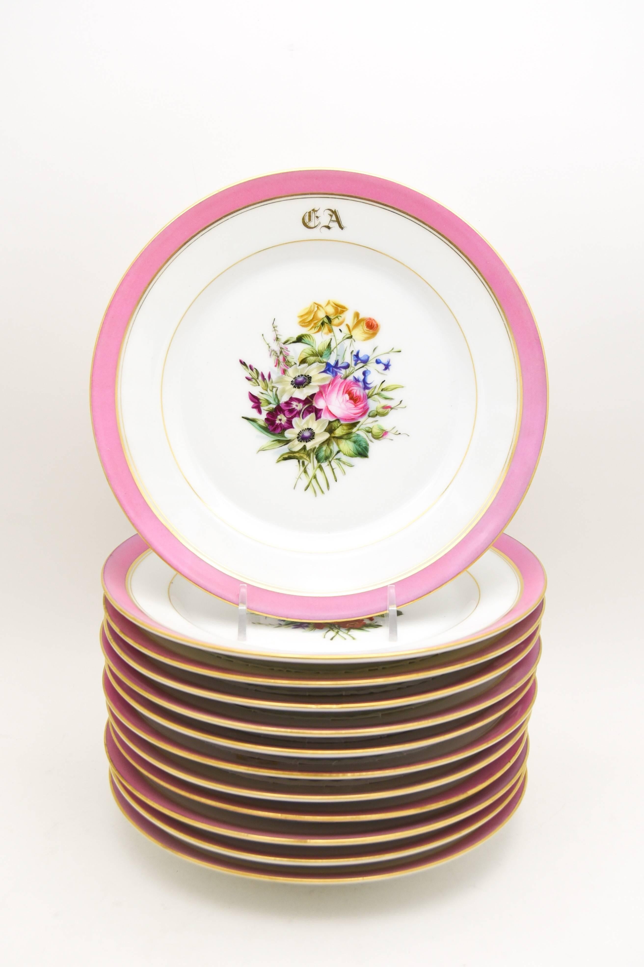 Hand-Painted Set of French Pink Floral Dessert Set with 12 Plates and Two Footed Compotes For Sale