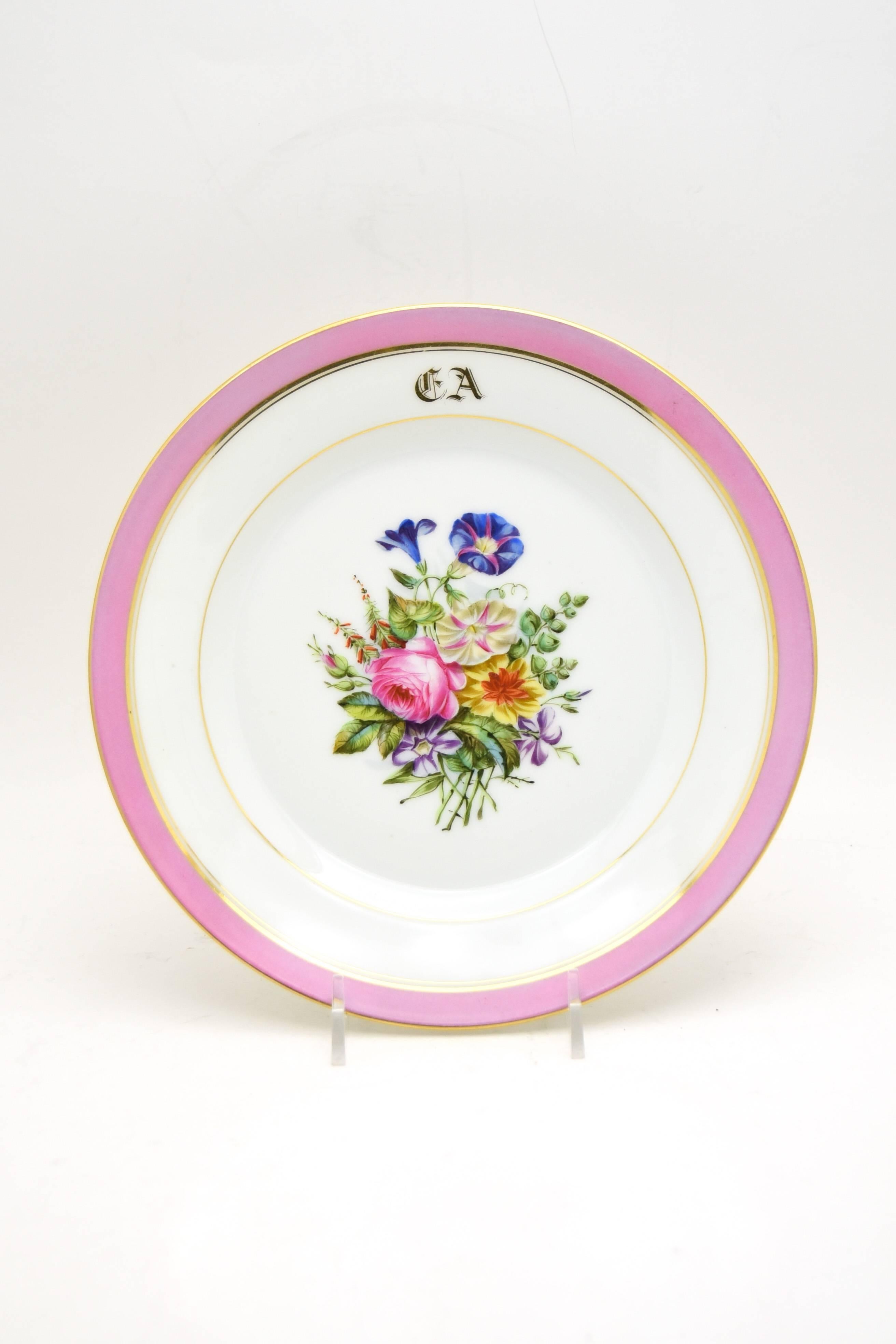 Set of French Pink Floral Dessert Set with 12 Plates and Two Footed Compotes In Excellent Condition For Sale In Great Barrington, MA