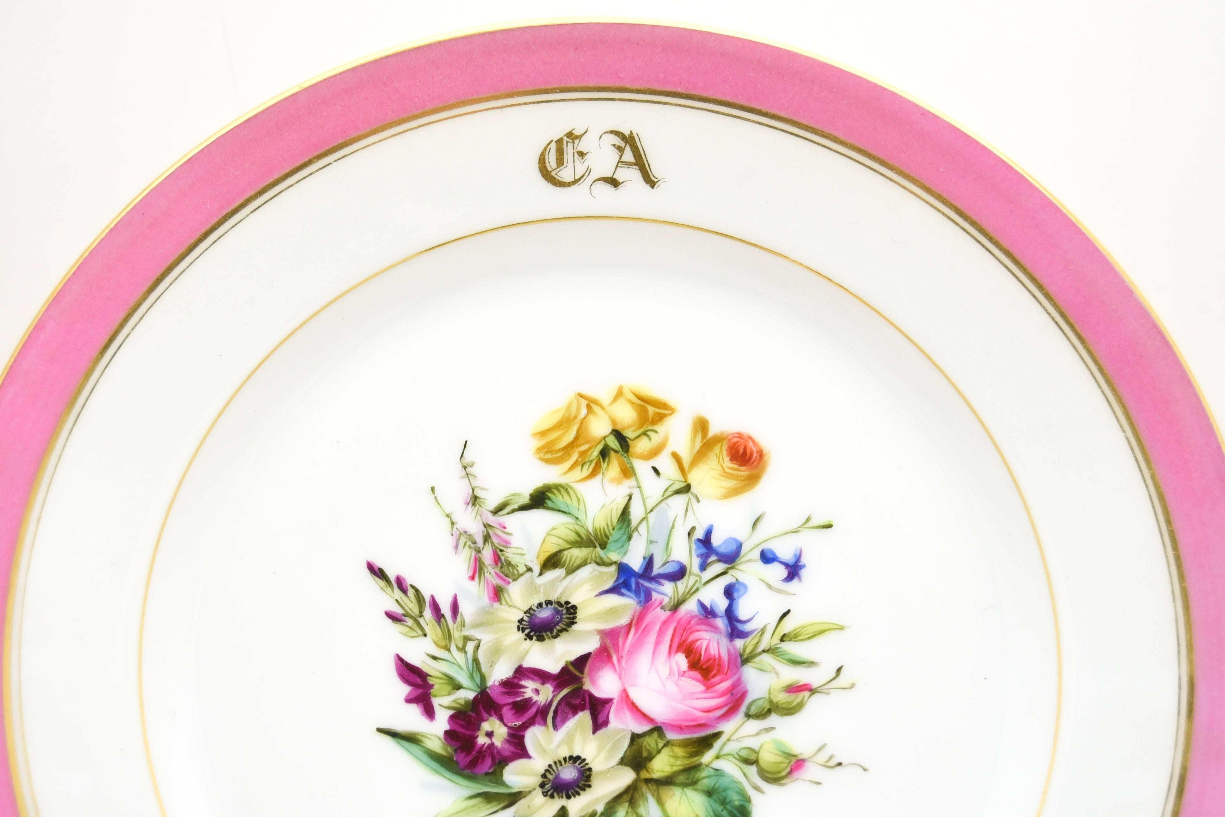 19th Century Set of French Pink Floral Dessert Set with 12 Plates and Two Footed Compotes For Sale