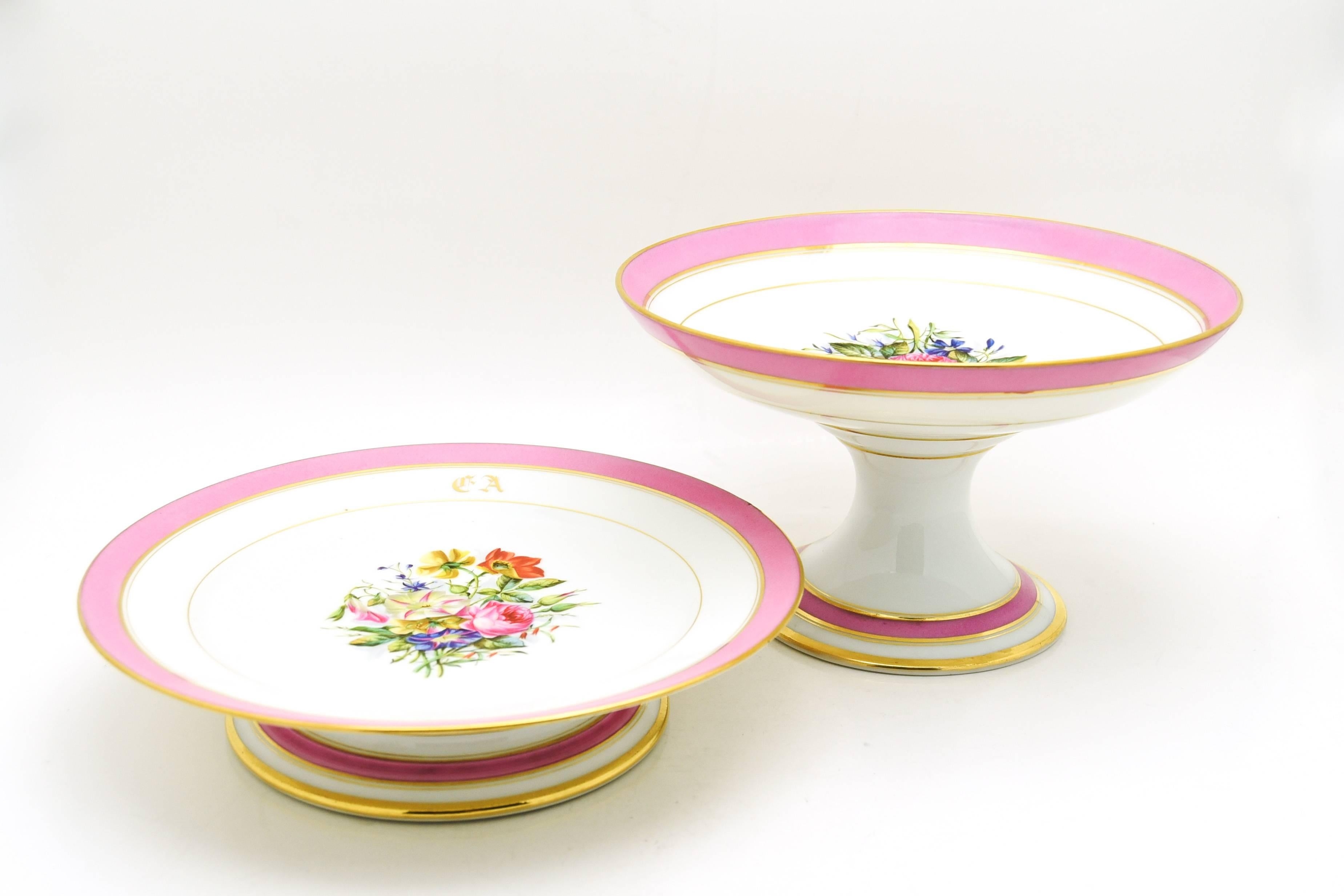 Set of French Pink Floral Dessert Set with 12 Plates and Two Footed Compotes For Sale 1