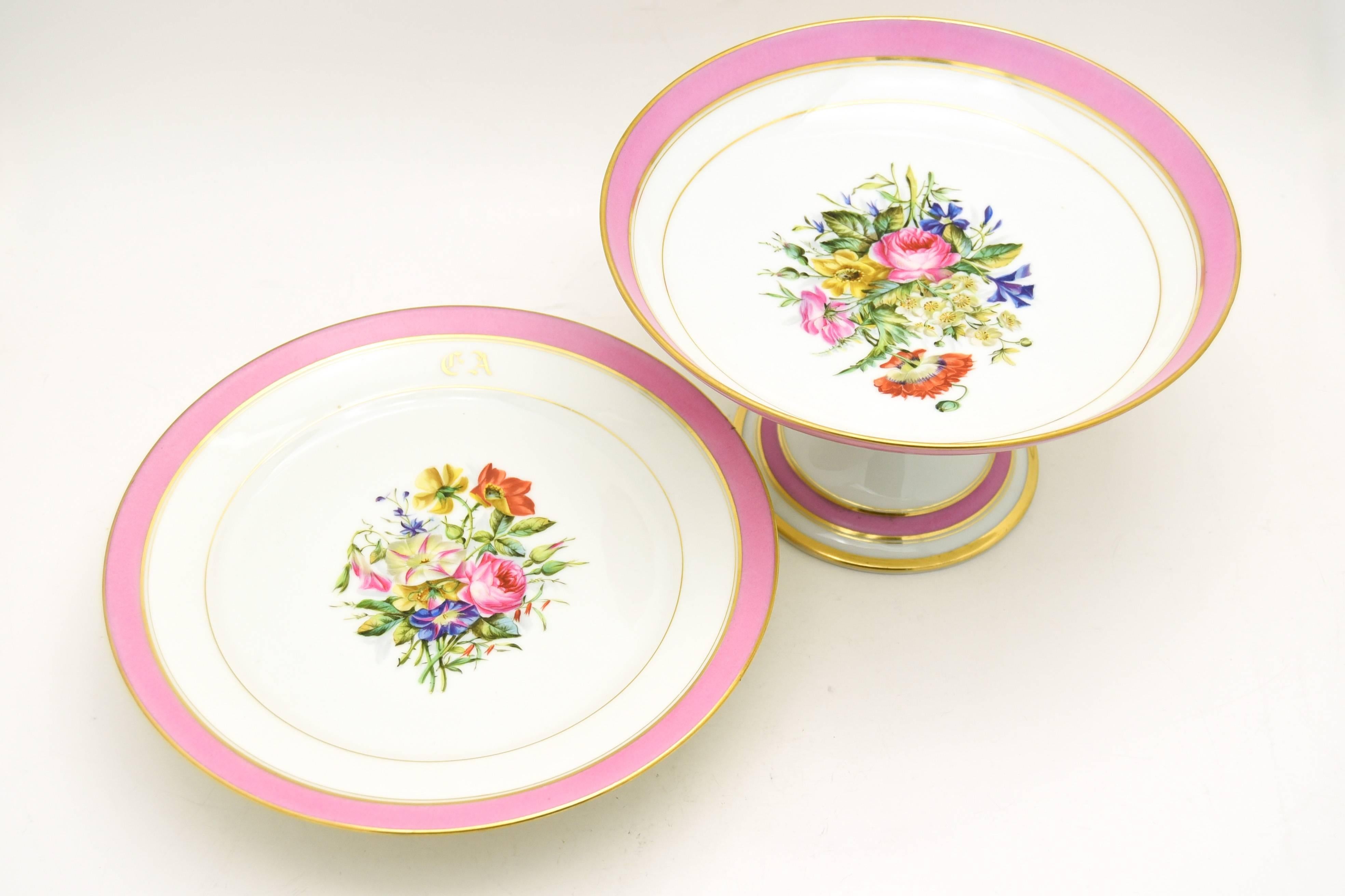 Set of French Pink Floral Dessert Set with 12 Plates and Two Footed Compotes For Sale 2
