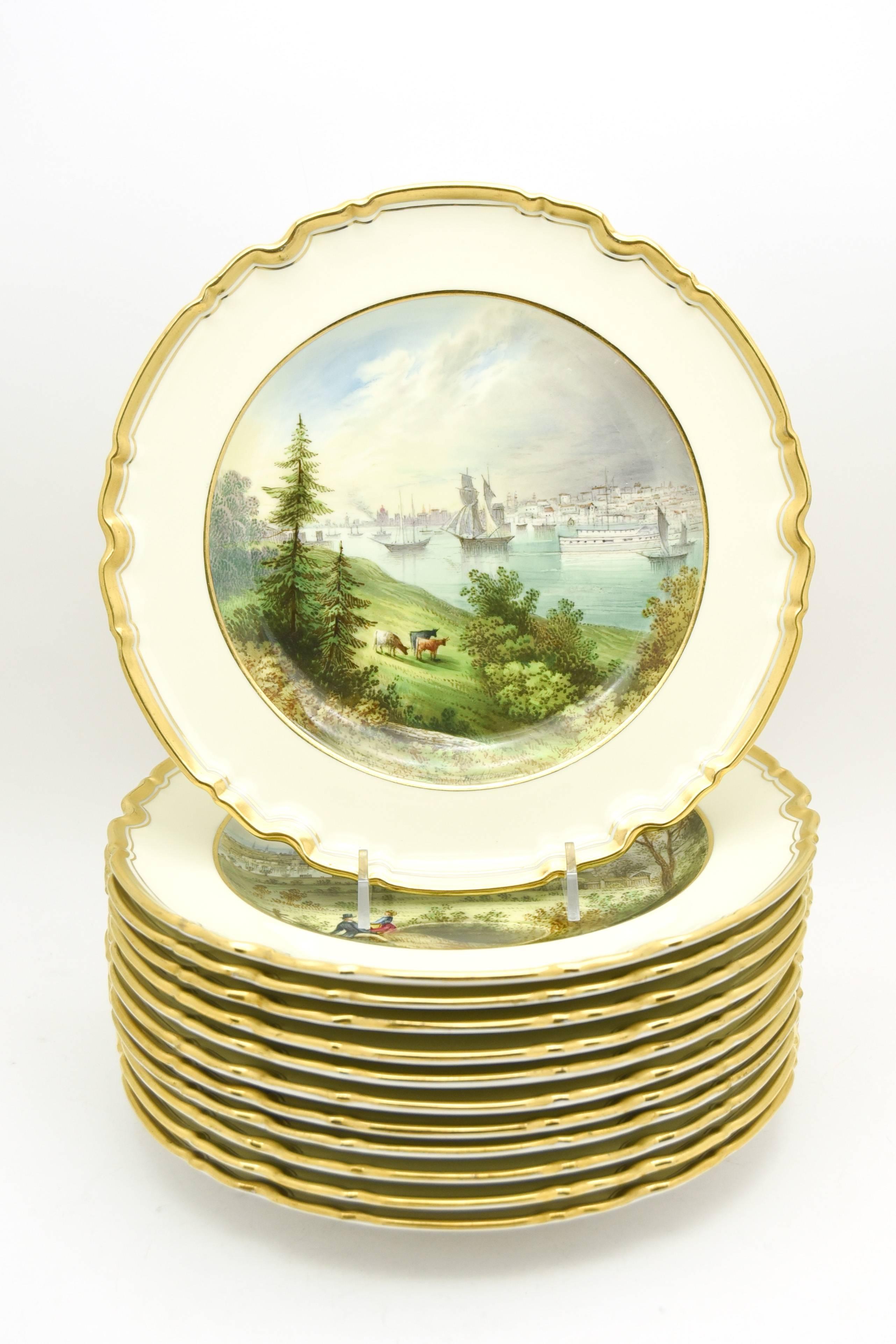 This set of 12 hand painted plates are unusual in that they depict scenes of freshwater related locations in America. Most scenic plates focus on European subjects and locales whereas the named places on this set are iconic. Each plate is named on