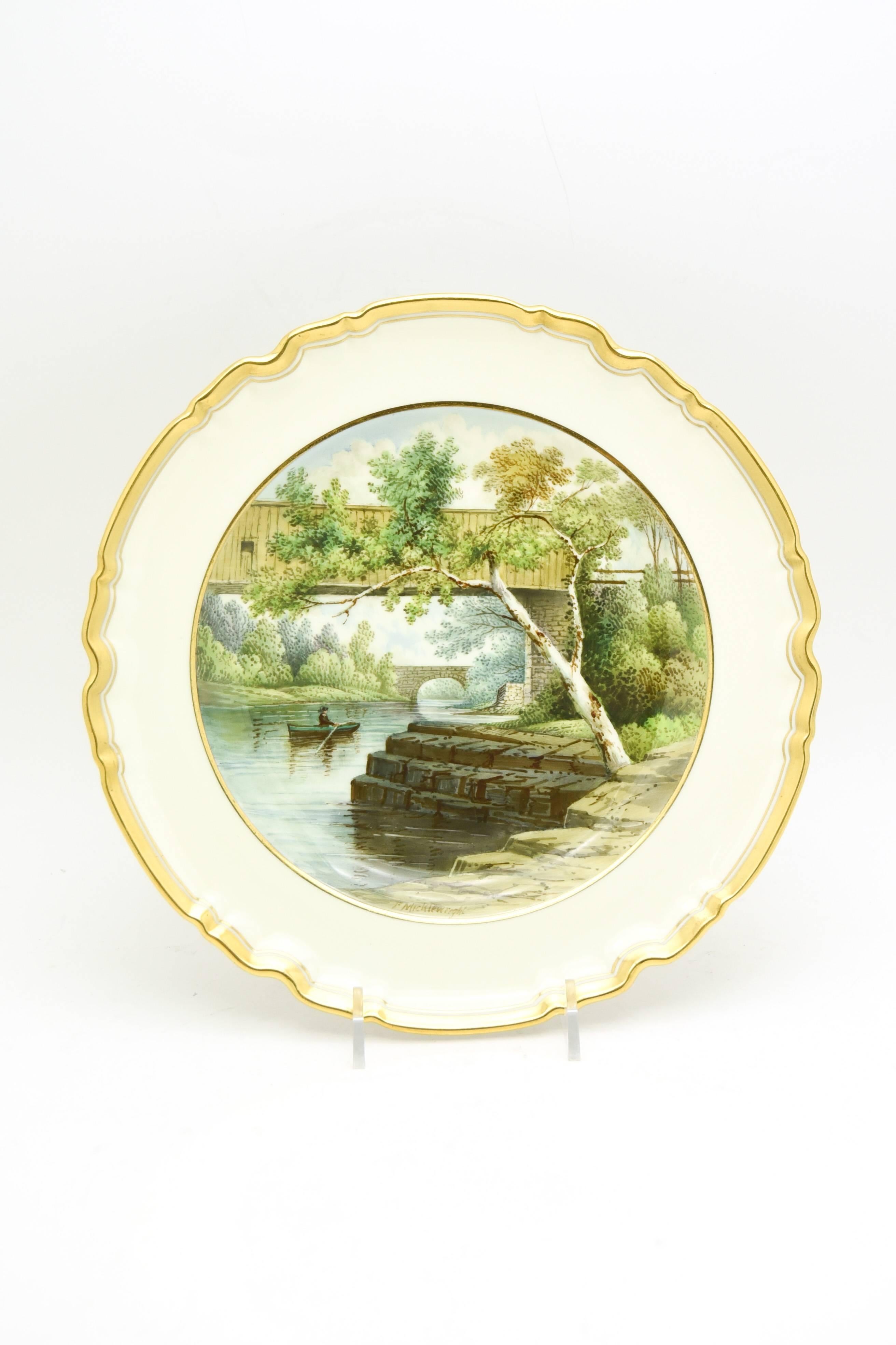 Hand-Painted 12 Copeland Spode Hand Painted Historic Fresh Water Cabinet/Dessert Plates For Sale