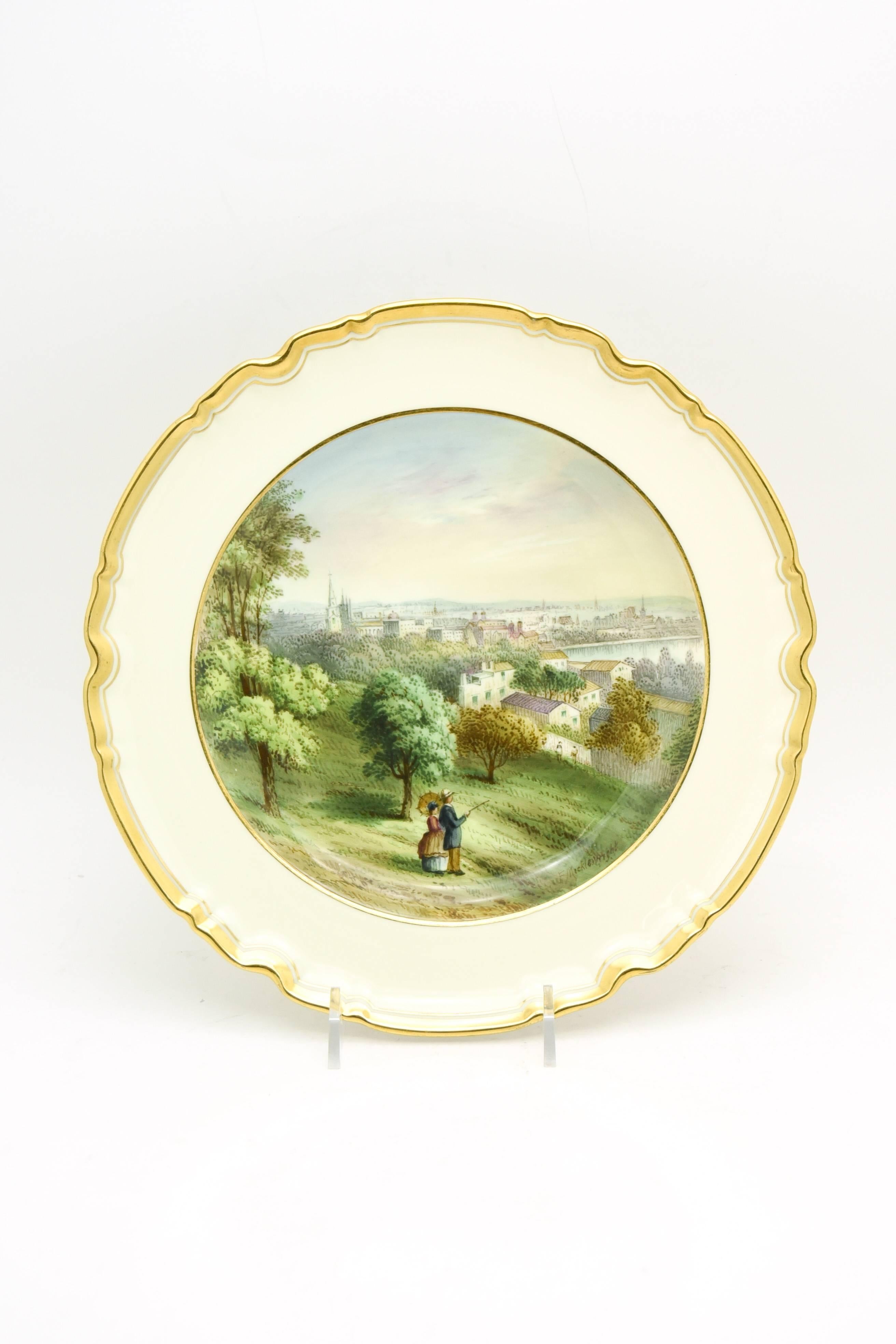 Gold 12 Copeland Spode Hand Painted Historic Fresh Water Cabinet/Dessert Plates For Sale