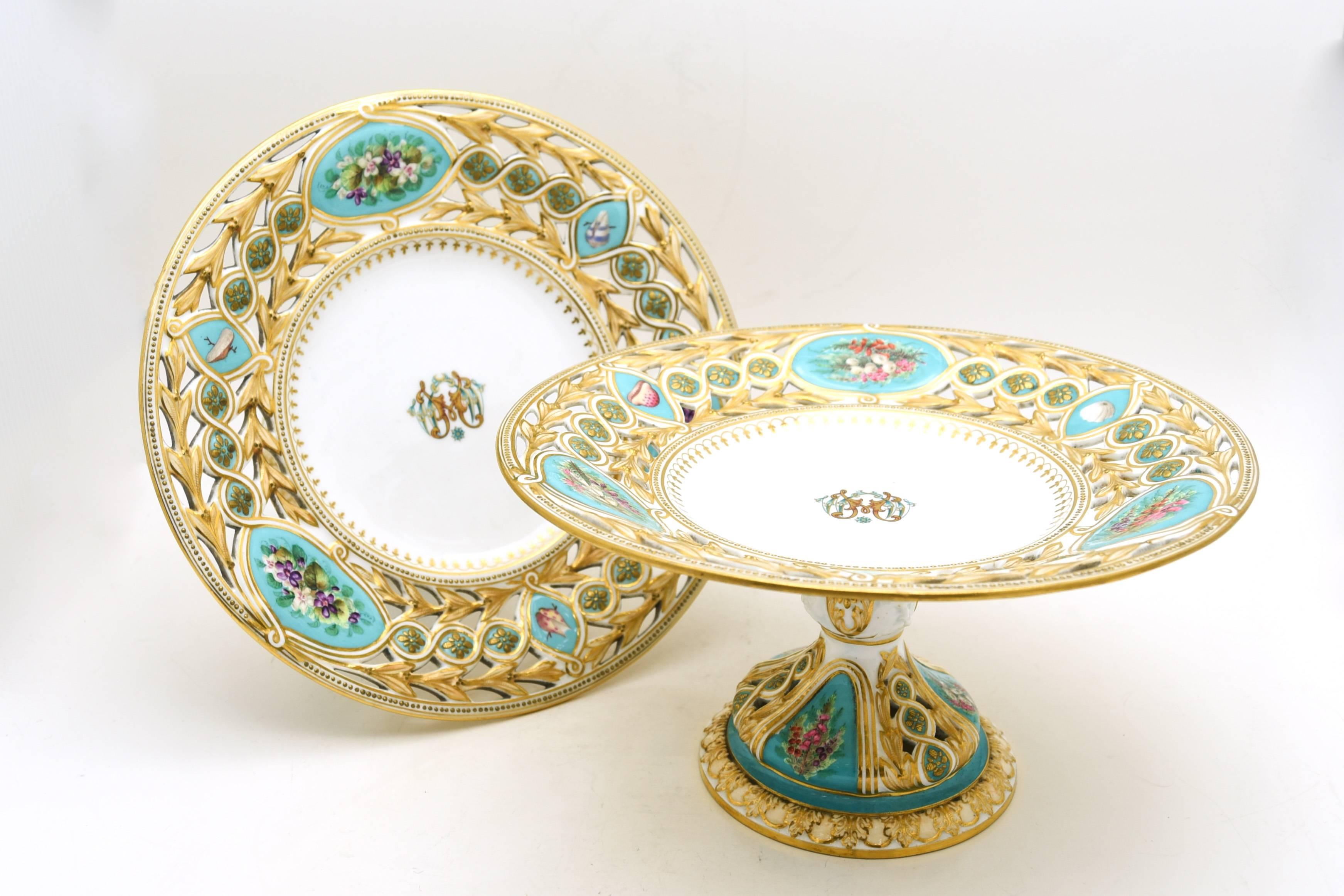 Porcelain 19th Century Worcester Hand-Painted Turquoise Partial Dessert Set For Sale
