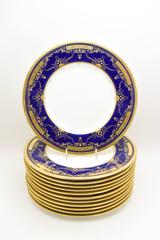 Set of 12 Minton Arts & Crafts Cobalt Blue and Acid Etched Gold Dinner Plates