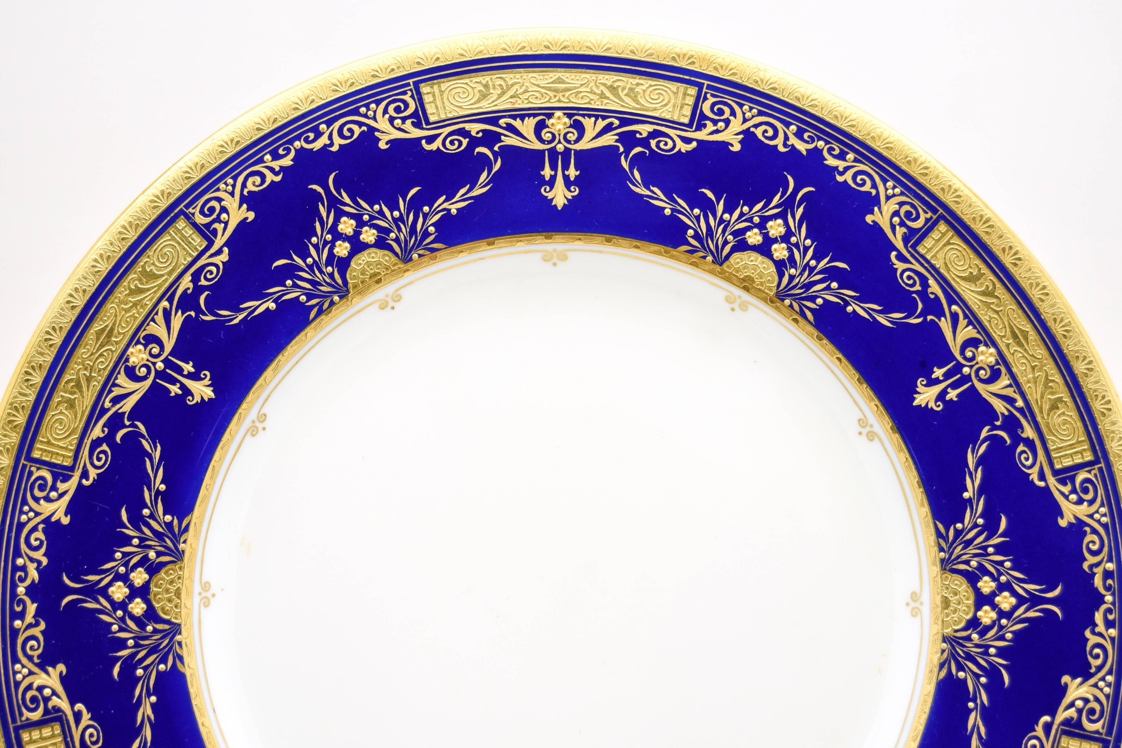 English Set of 12 Minton Arts & Crafts Cobalt Blue and Acid Etched Gold Dinner Plates