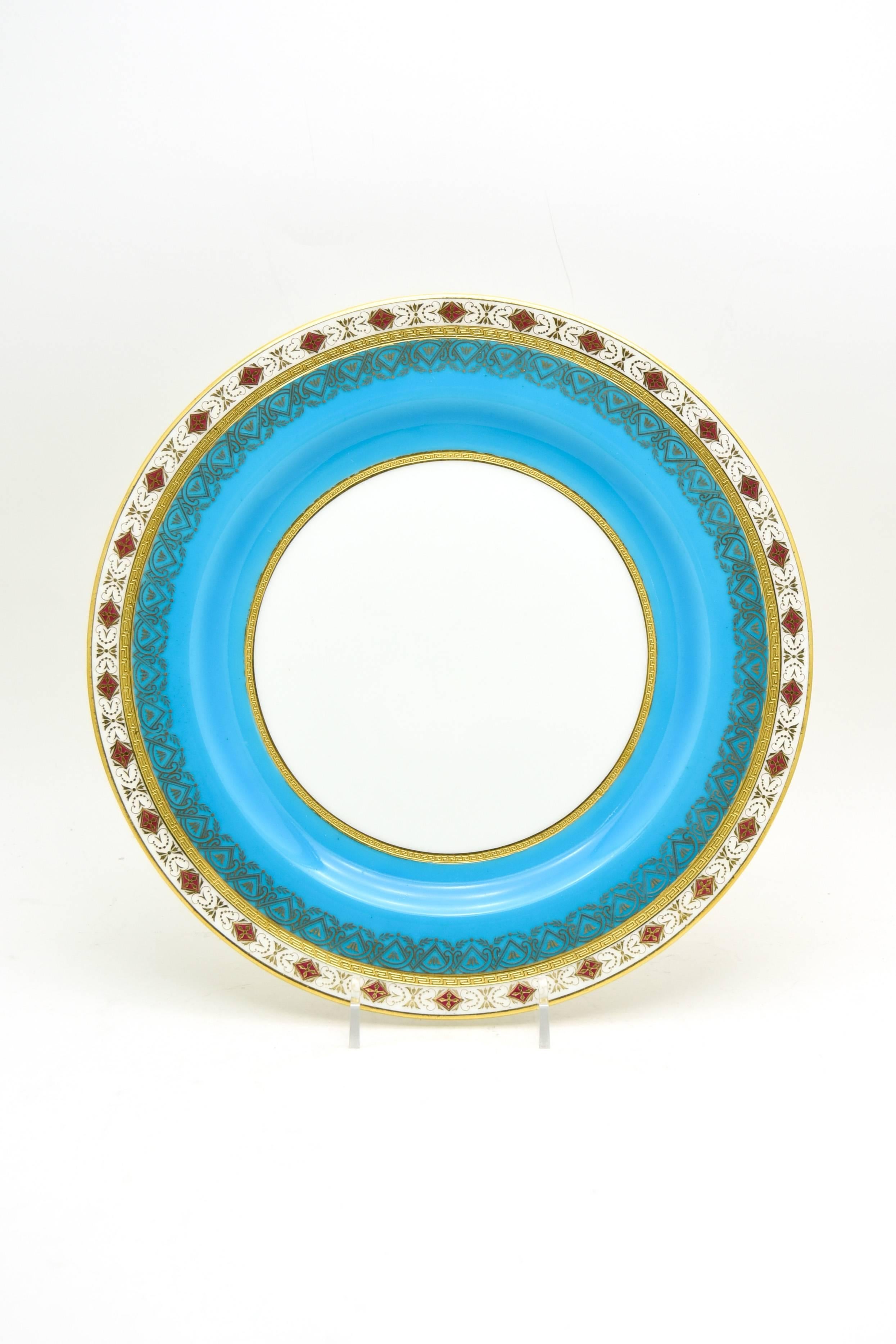Neoclassical Set of 12 Minton Turquoise Dinner Plates with Red and Raised Gold Medallions