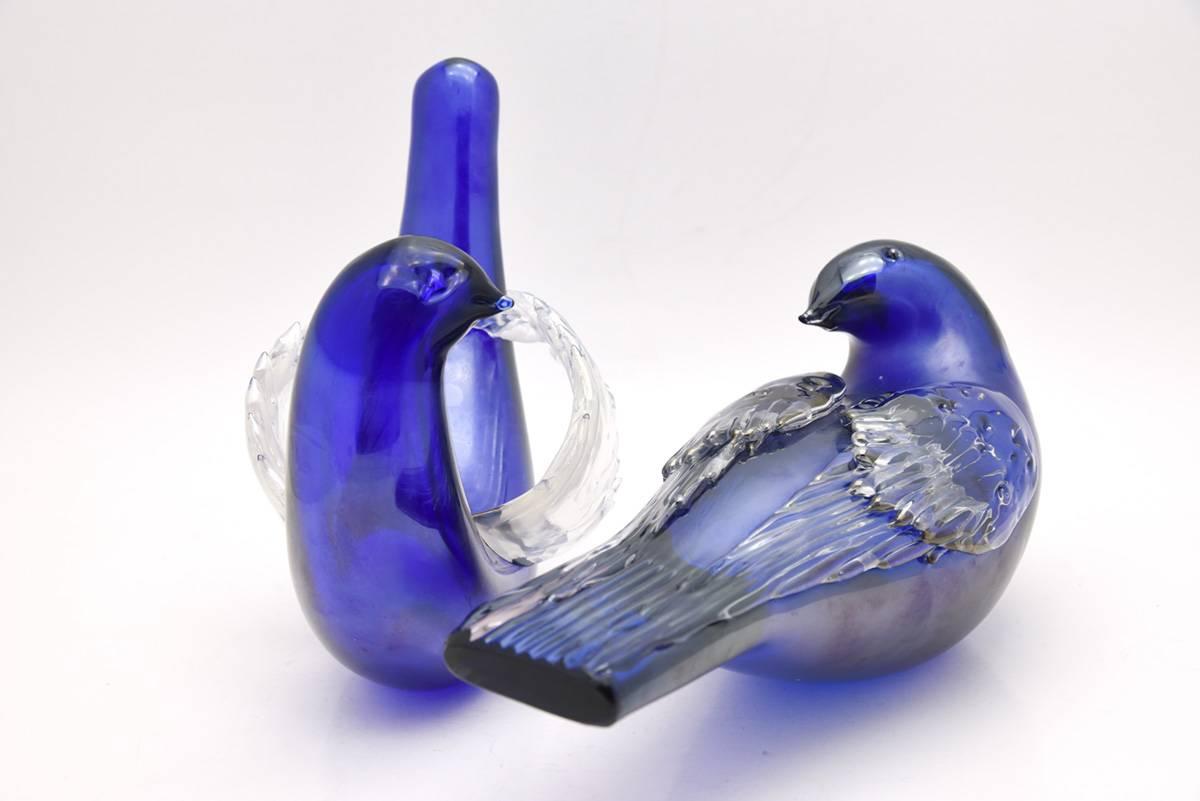 Art Glass Signed Venini Murano Blue Birds Doves Designed by Tyra Lundgren For Sale