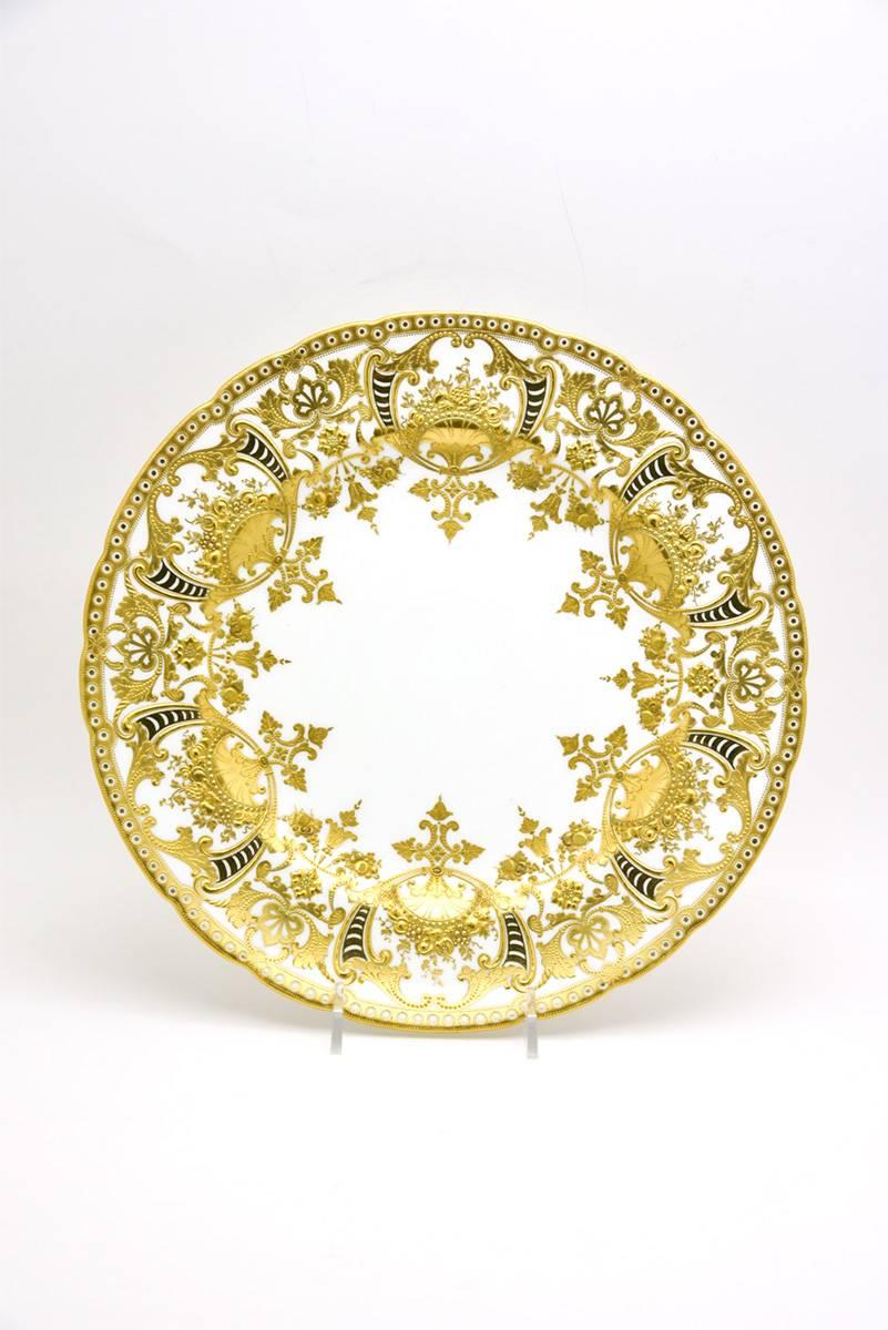 English 12 Royal Crown Derby Neoclassical Dinner Plates with Profuse Raised Paste Gold  For Sale