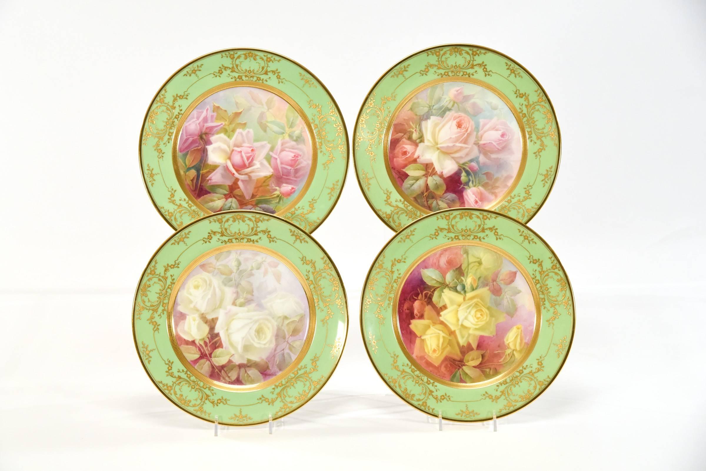 American 12 Lenox Hand-Painted Artist Signed W. Morley Cabinet Plates with Rose Subjects