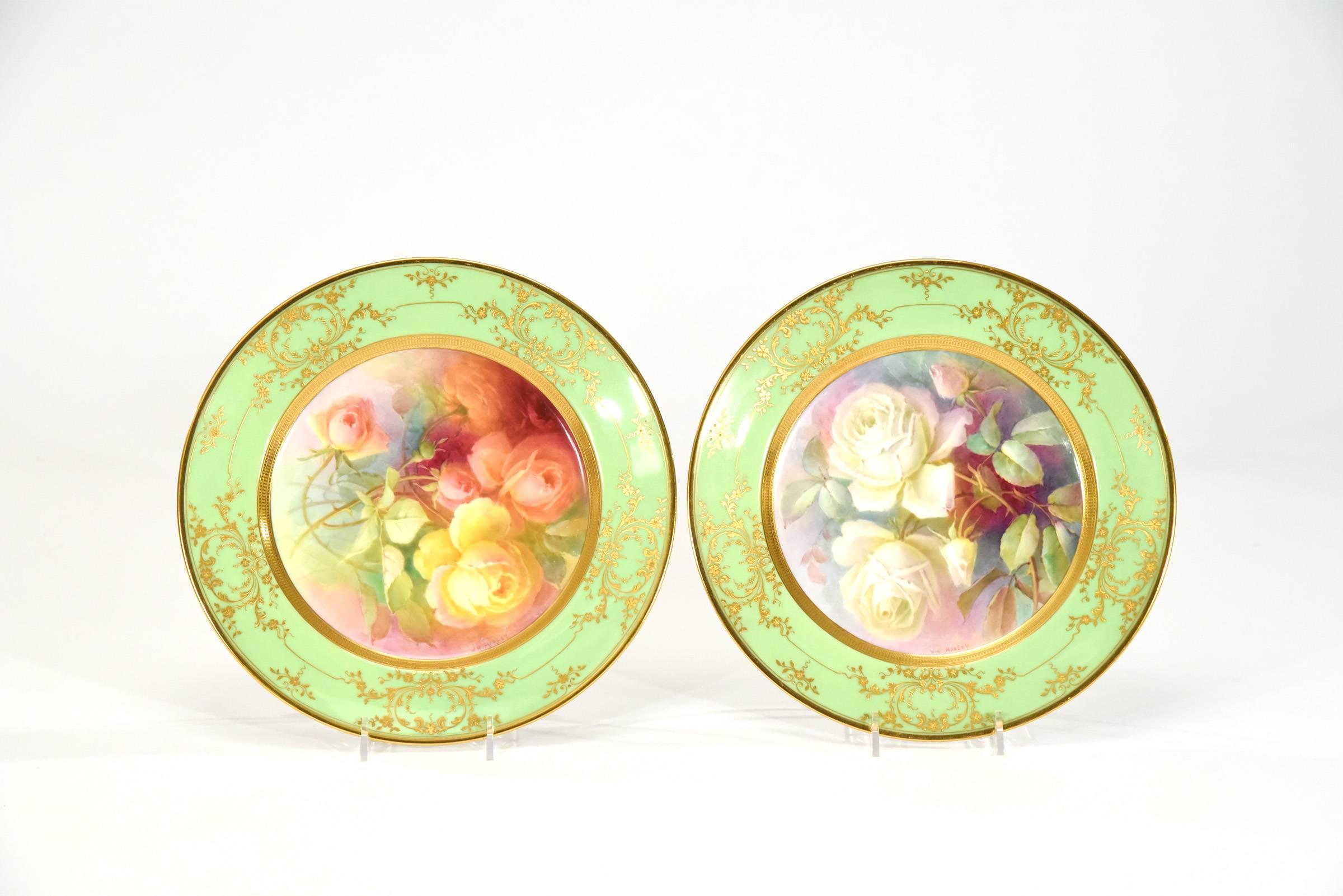 12 Lenox Hand-Painted Artist Signed W. Morley Cabinet Plates with Rose Subjects In Excellent Condition In Great Barrington, MA