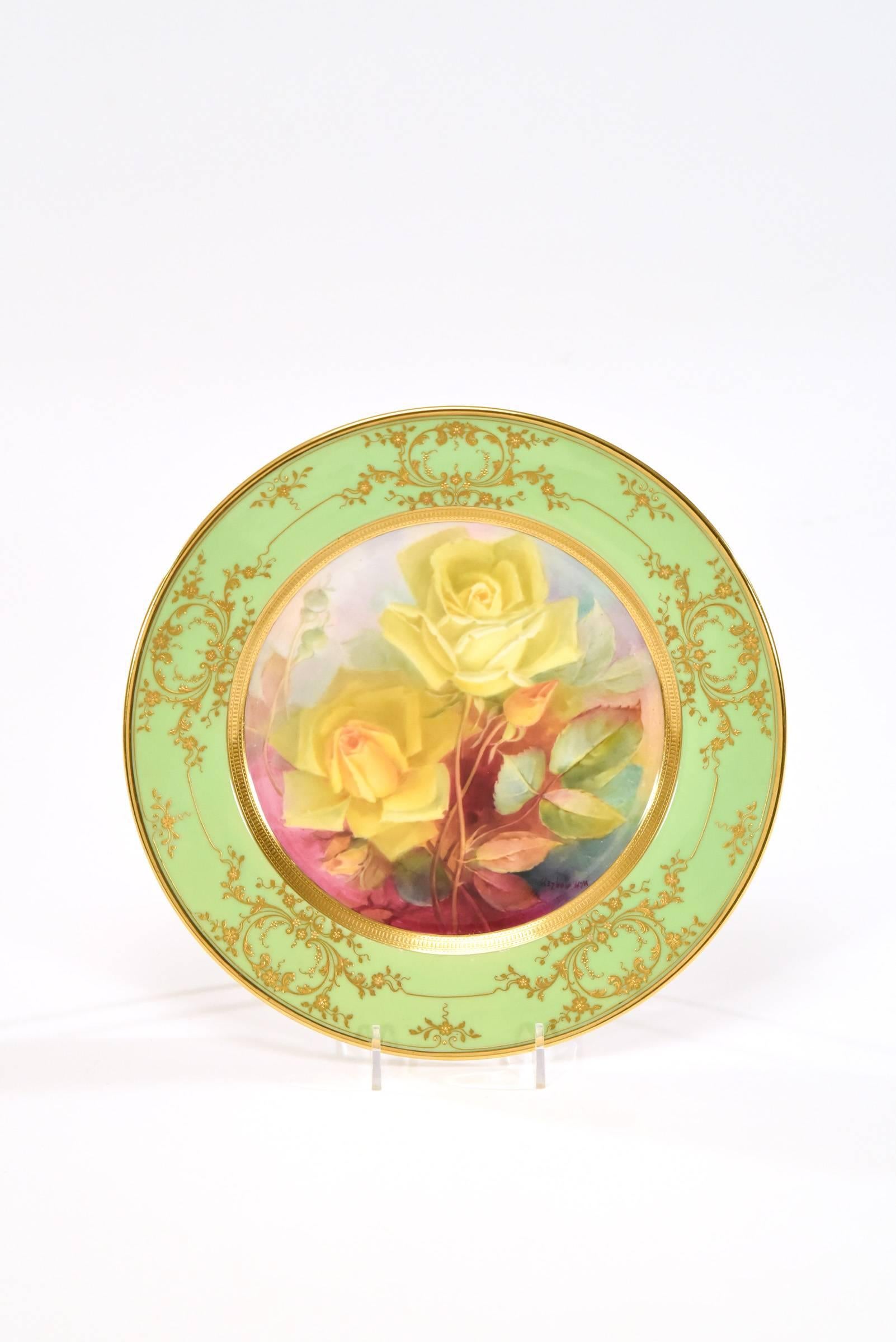 Early 20th Century 12 Lenox Hand-Painted Artist Signed W. Morley Cabinet Plates with Rose Subjects