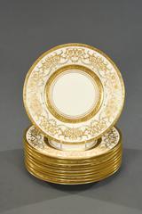 Ten Minton for Tiffany Gilt Dinner Service Plates with Profuse Raised Paste Gold