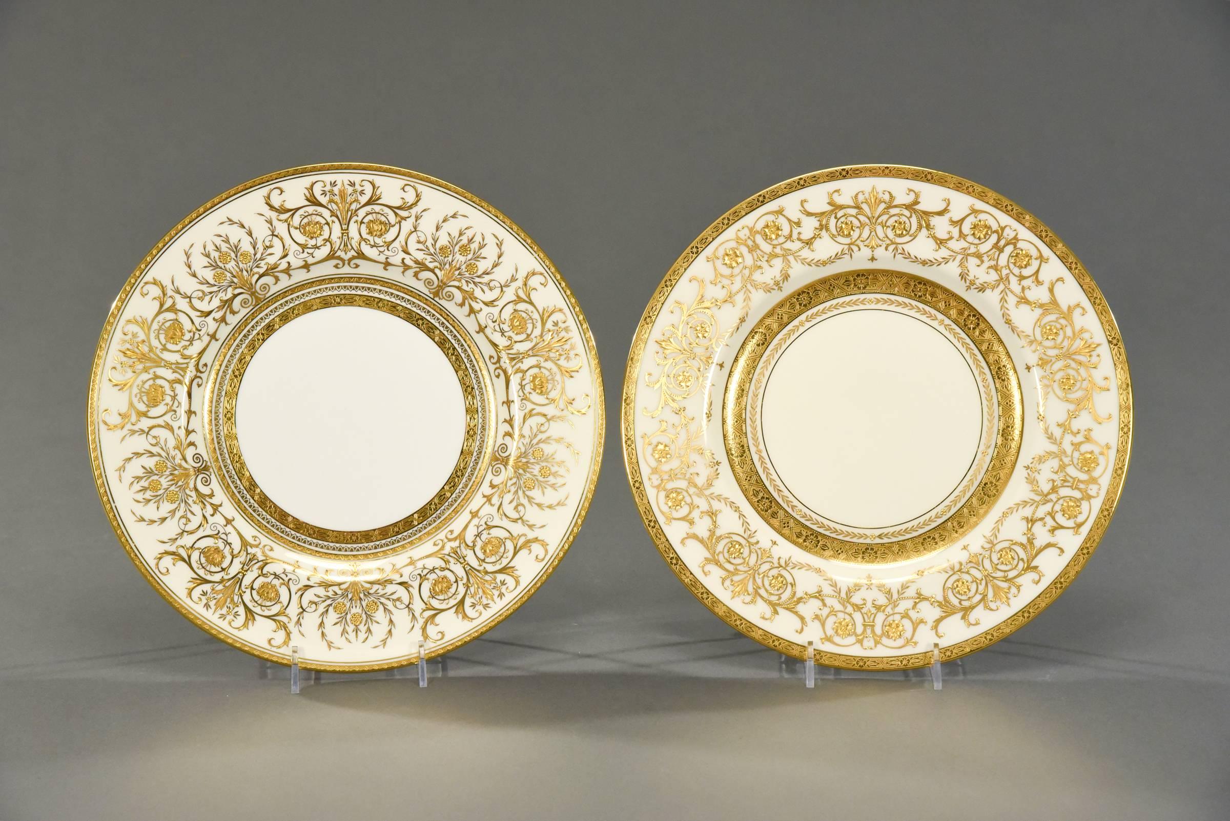 Art Nouveau Ten Minton for Tiffany Gilt Dinner Service Plates with Profuse Raised Paste Gold