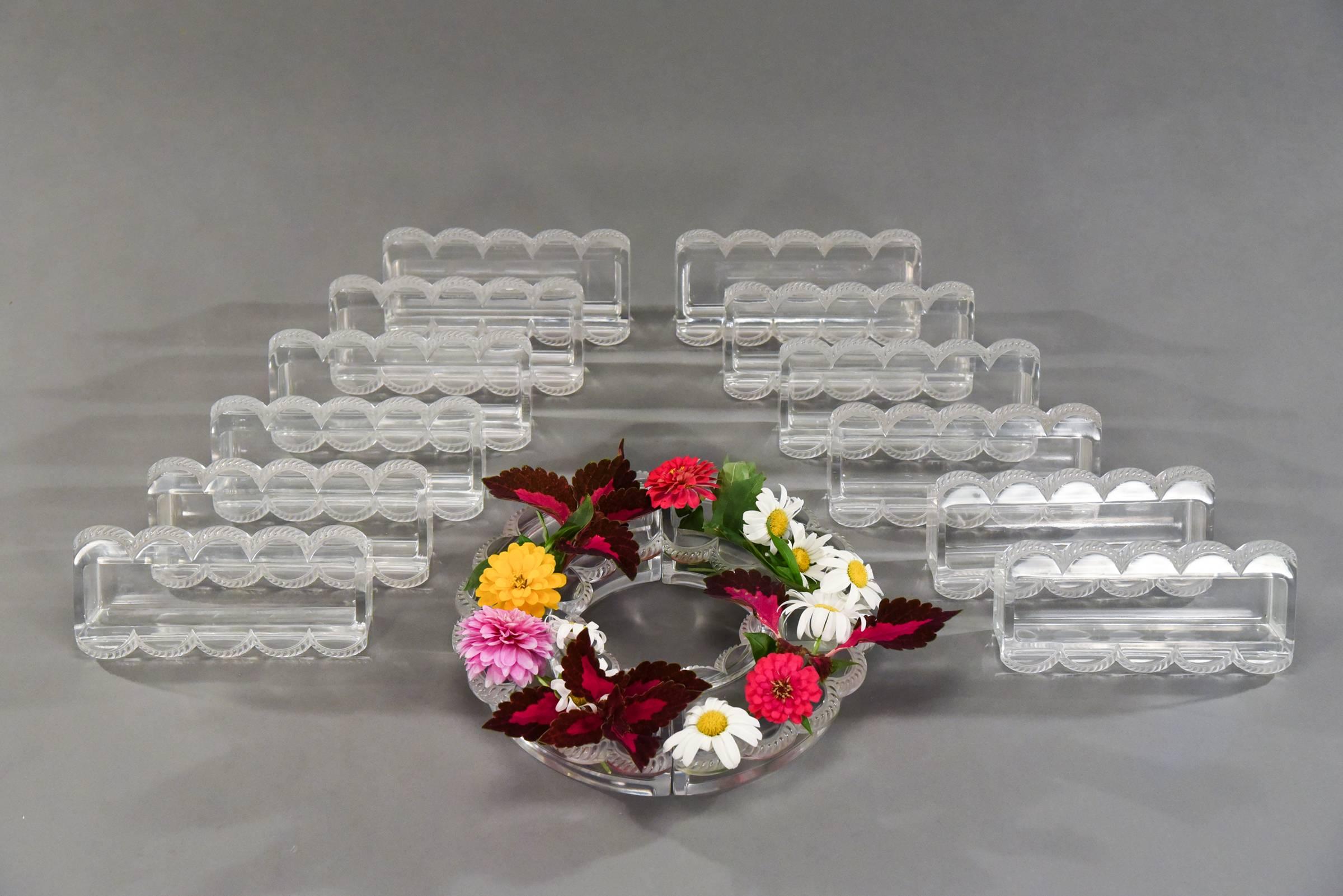 This is one of the most versatile and complete Lalique centerpieces as it is comprised of 16 pieces, allowing for many arrangement options. Please view all the images to get an idea of the many possibilities for positioning the pieces.
These can be