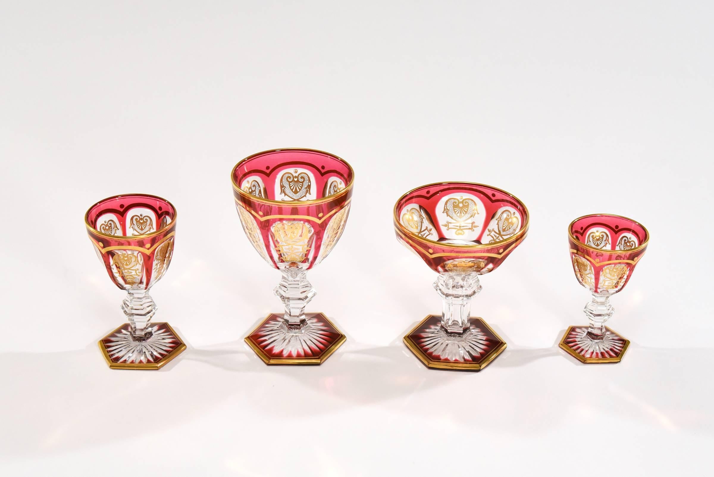 Baccarat Stemware Service Cranberry with Empire Gold Decoration 48 Pieces In Excellent Condition In Great Barrington, MA