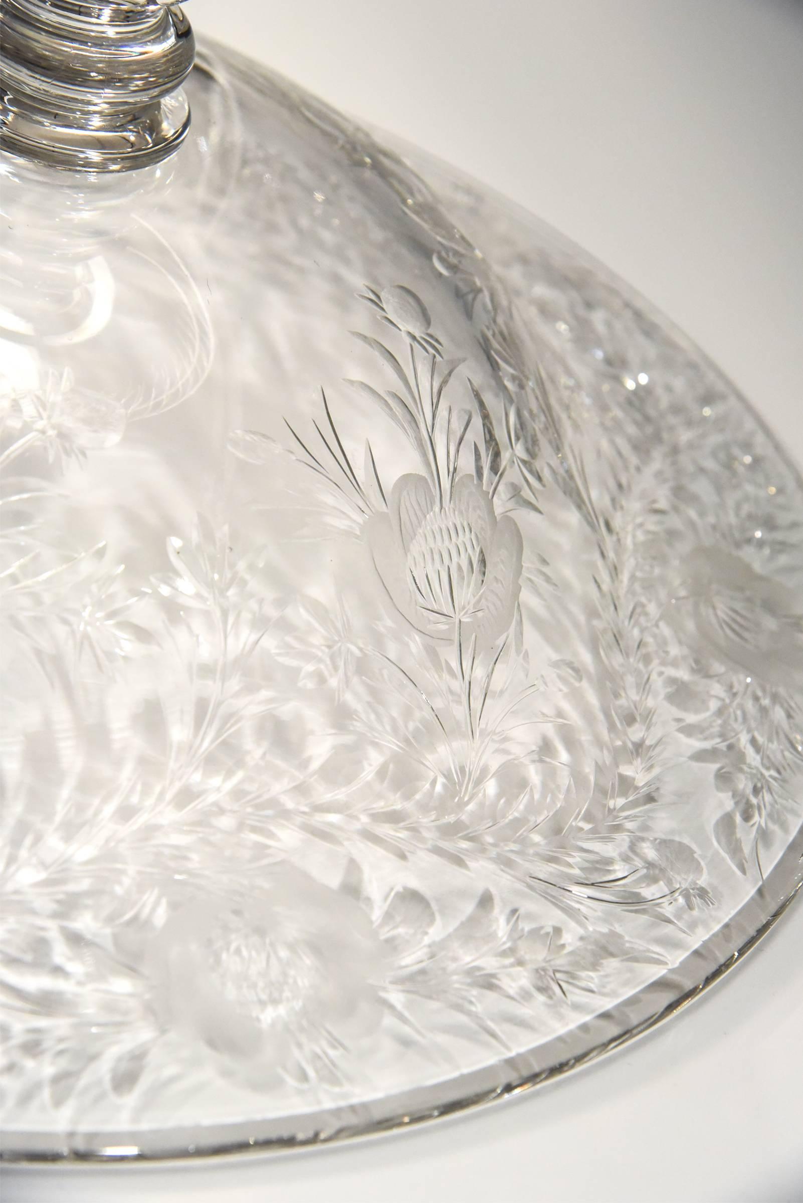 Art Nouveau Webb Monumental Blown Crystal Footed Centerpiece w/ Wheel Cut Floral Engraving  For Sale
