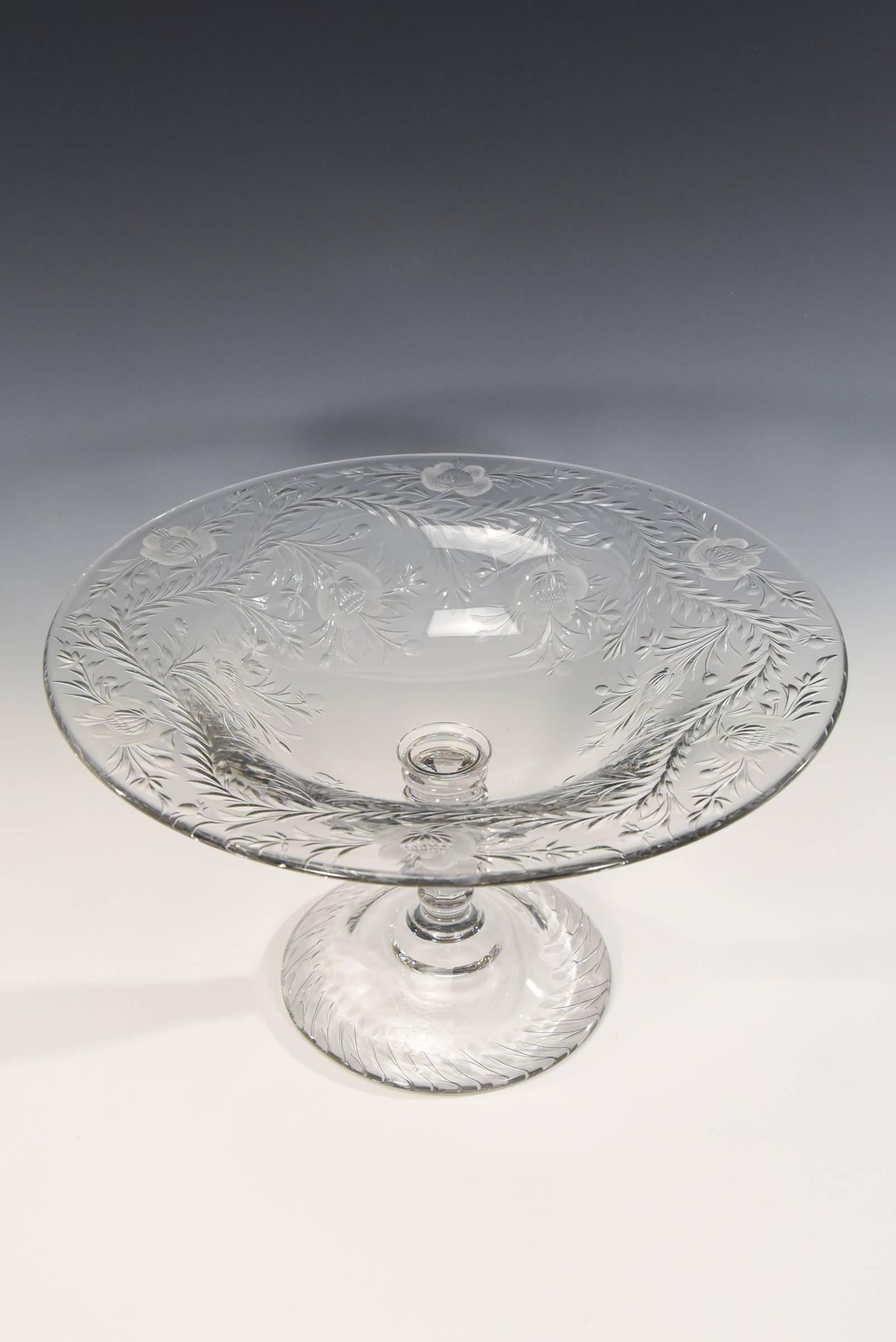Engraved Webb Monumental Blown Crystal Footed Centerpiece w/ Wheel Cut Floral Engraving  For Sale